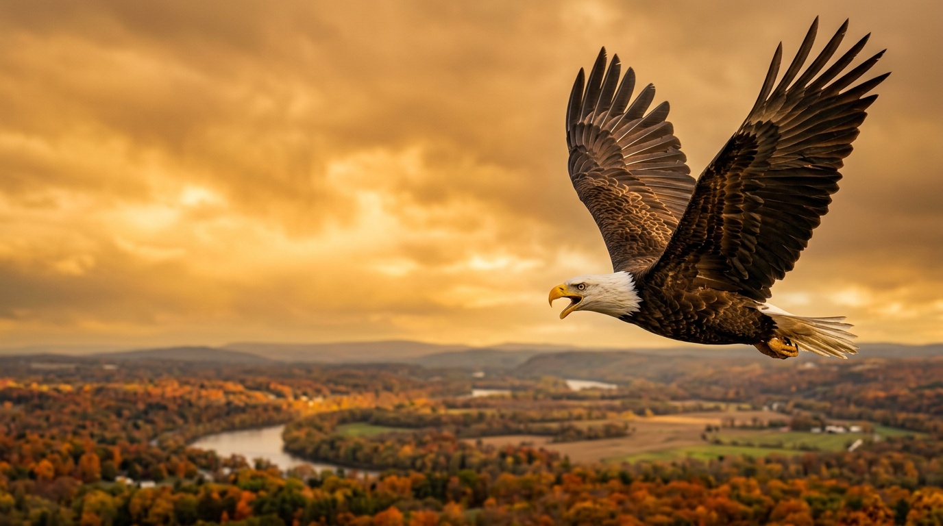 Fierce American bald eagle calling in flight over the Mohawk River valley in autumn near Schenectady, New York, for High School of America accredited K-12 online homeschool