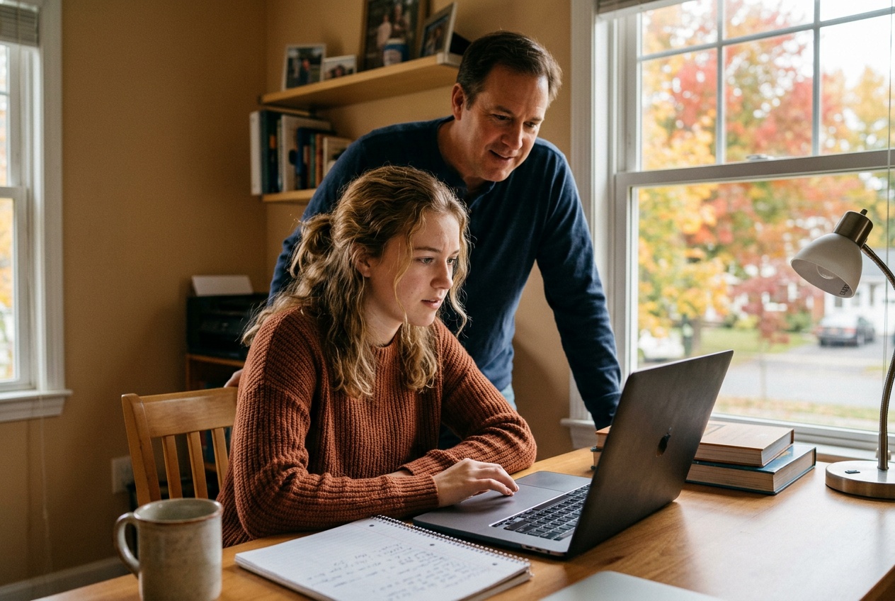 A Capital Region family in Schenectady, a parent supporting a teenage student doing self-paced online homeschool on a laptop near an autumn window