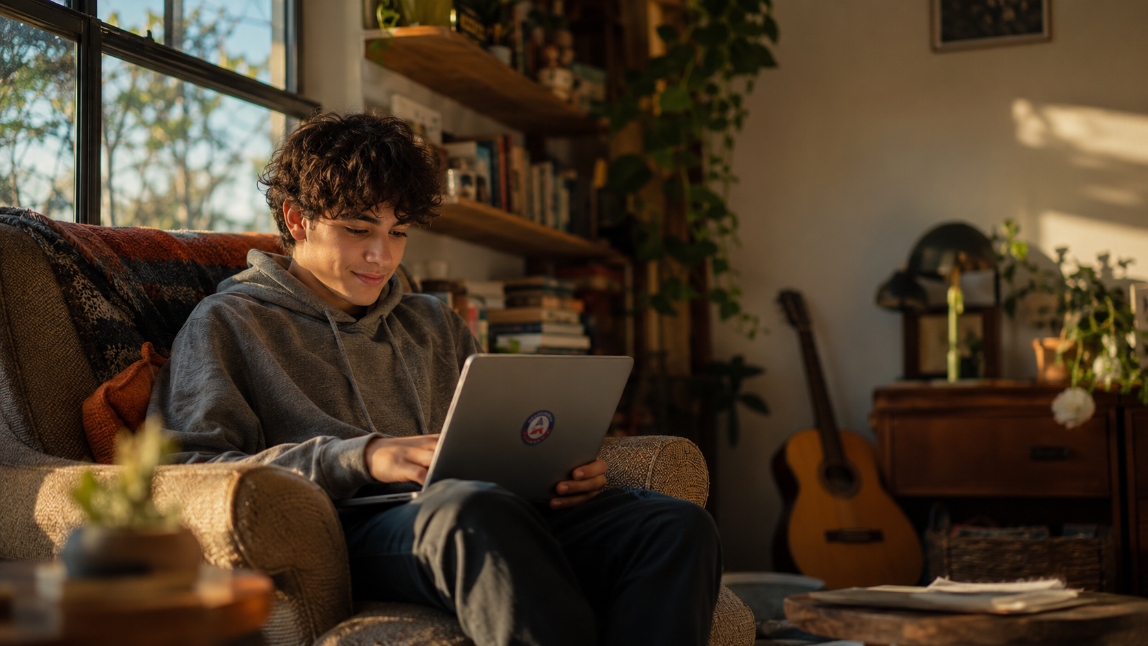 Self-paced online high school student learning comfortably at home in warm afternoon light