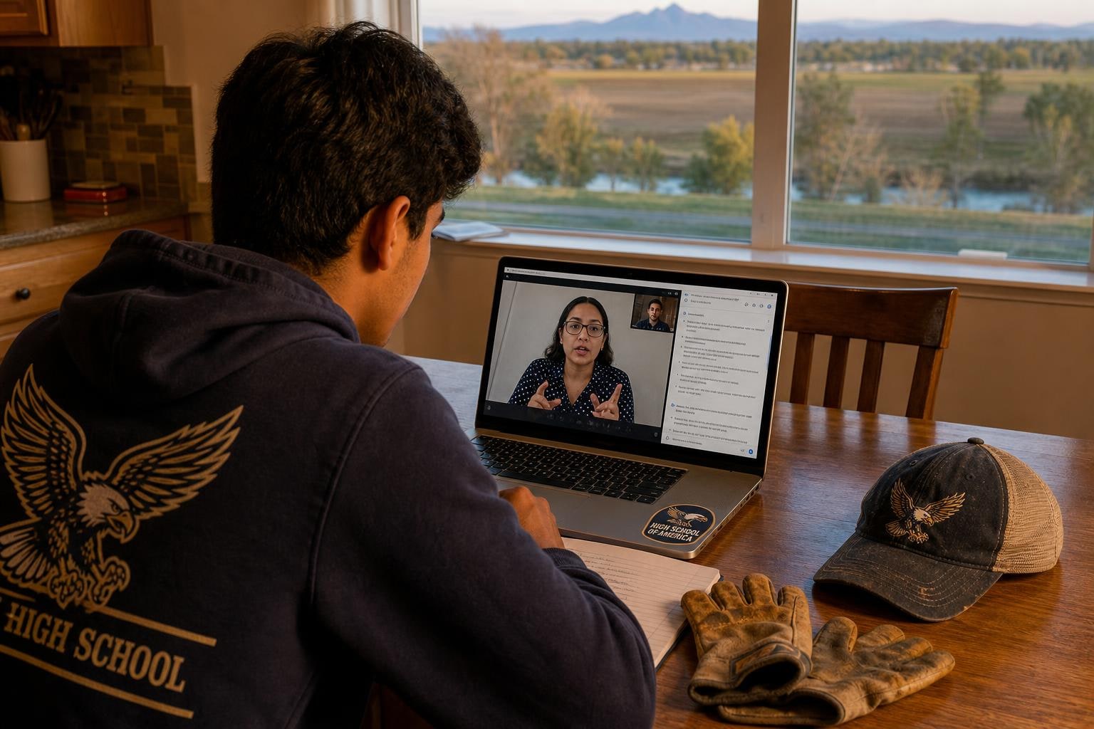 Self-paced online high school student in Yuba City doing evening coursework after an afternoon of orchard work