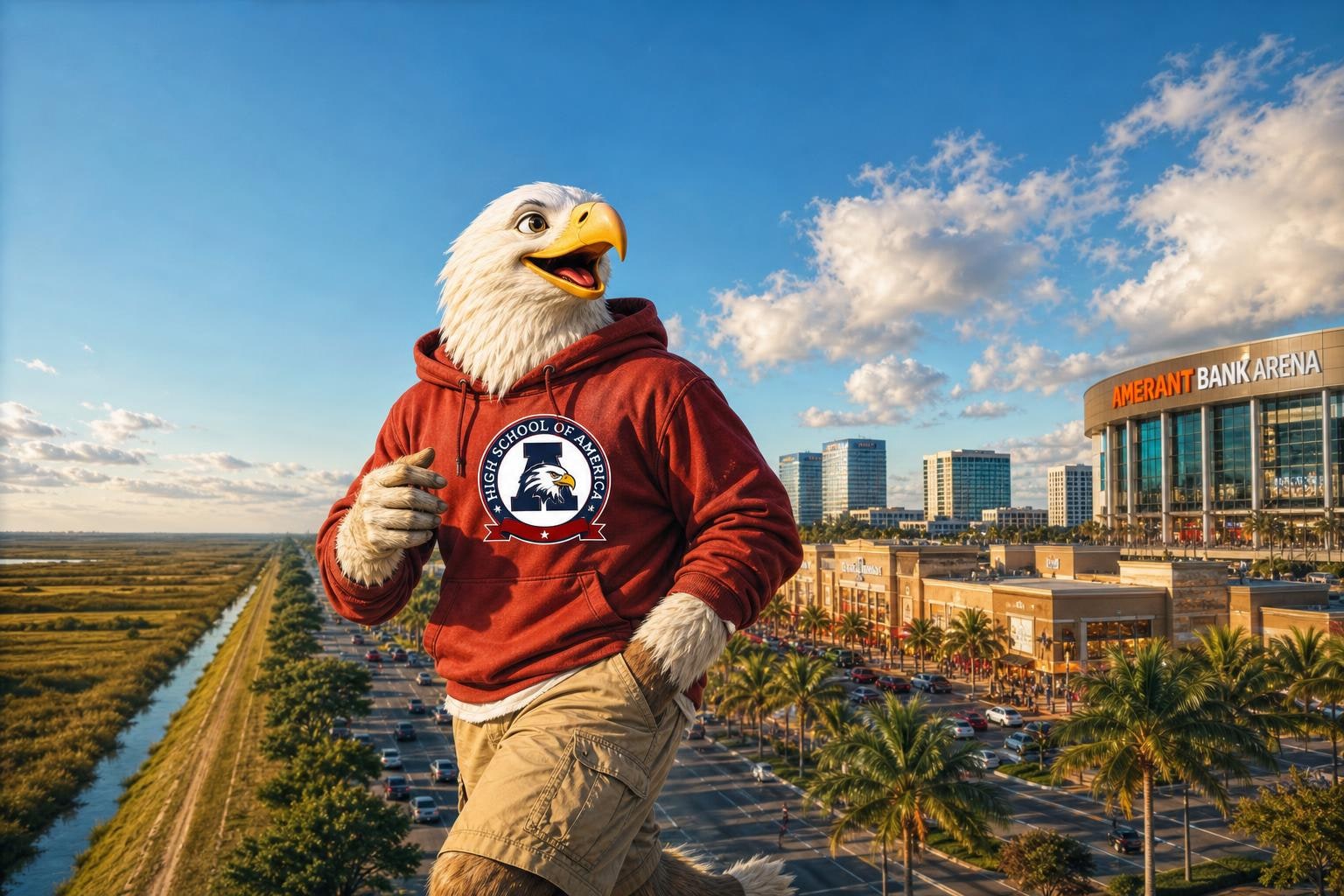 The High School of America eagle at a window over Sawgrass Mills at night, arena lights to the east, corporate-park glass to the south, warm desk lamp on a four-year plan