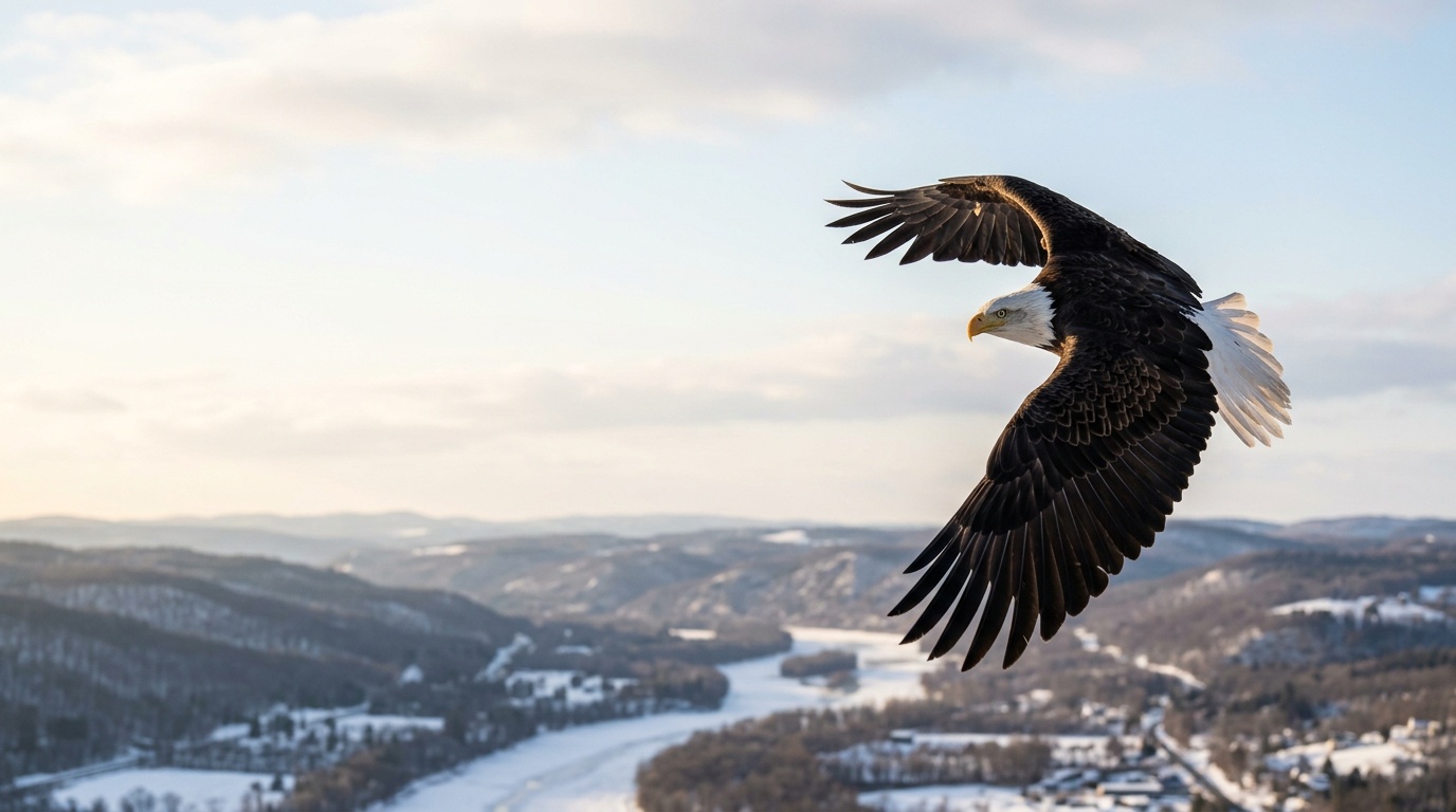Fierce American bald eagle banking in flight over the snow-dusted Mohawk Valley near Utica, New York, for High School of America accredited K-12 online homeschool