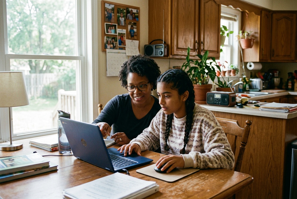 A Utica family, a parent helping a teenage student with self-paced online homeschool on a laptop at the kitchen table
