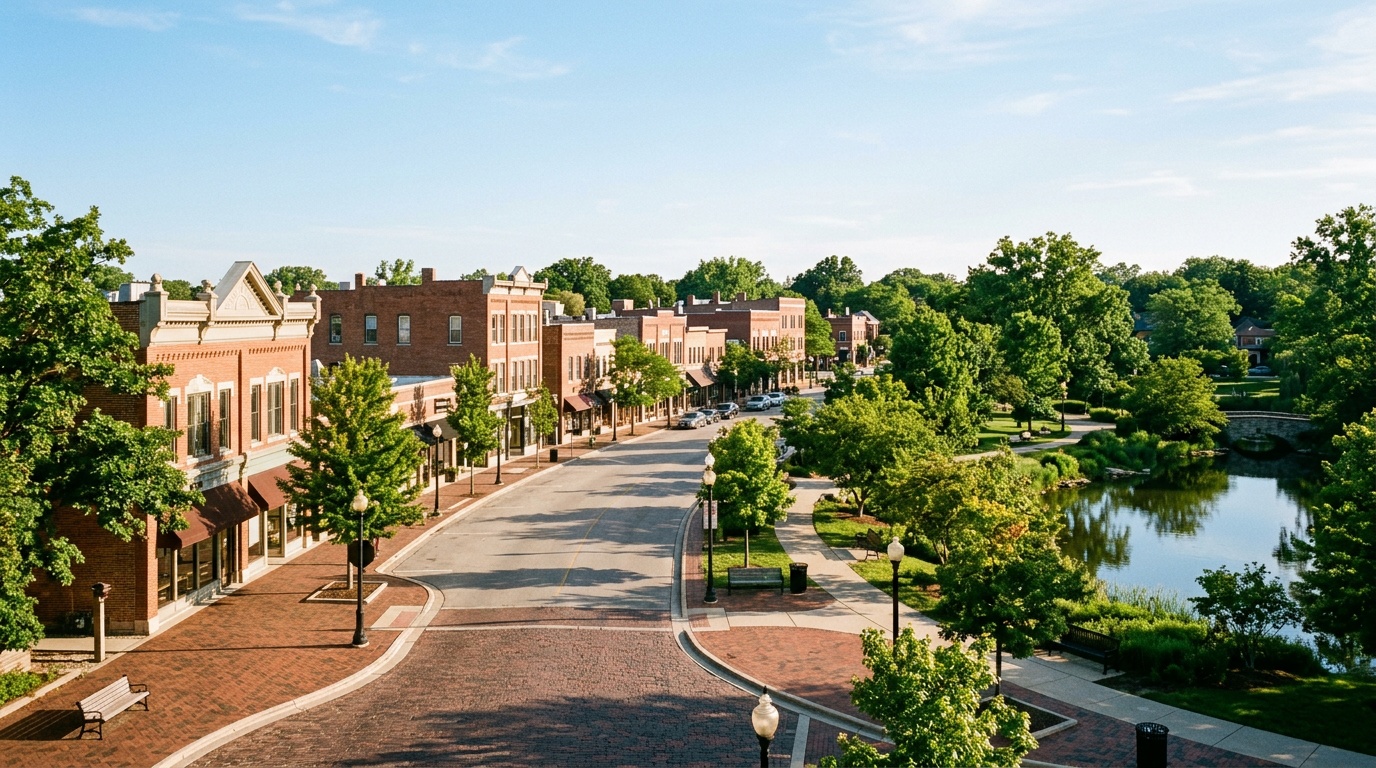 Wheaton online home school K-12: the downtown and leafy parks of Wheaton, Illinois on a clear morning.