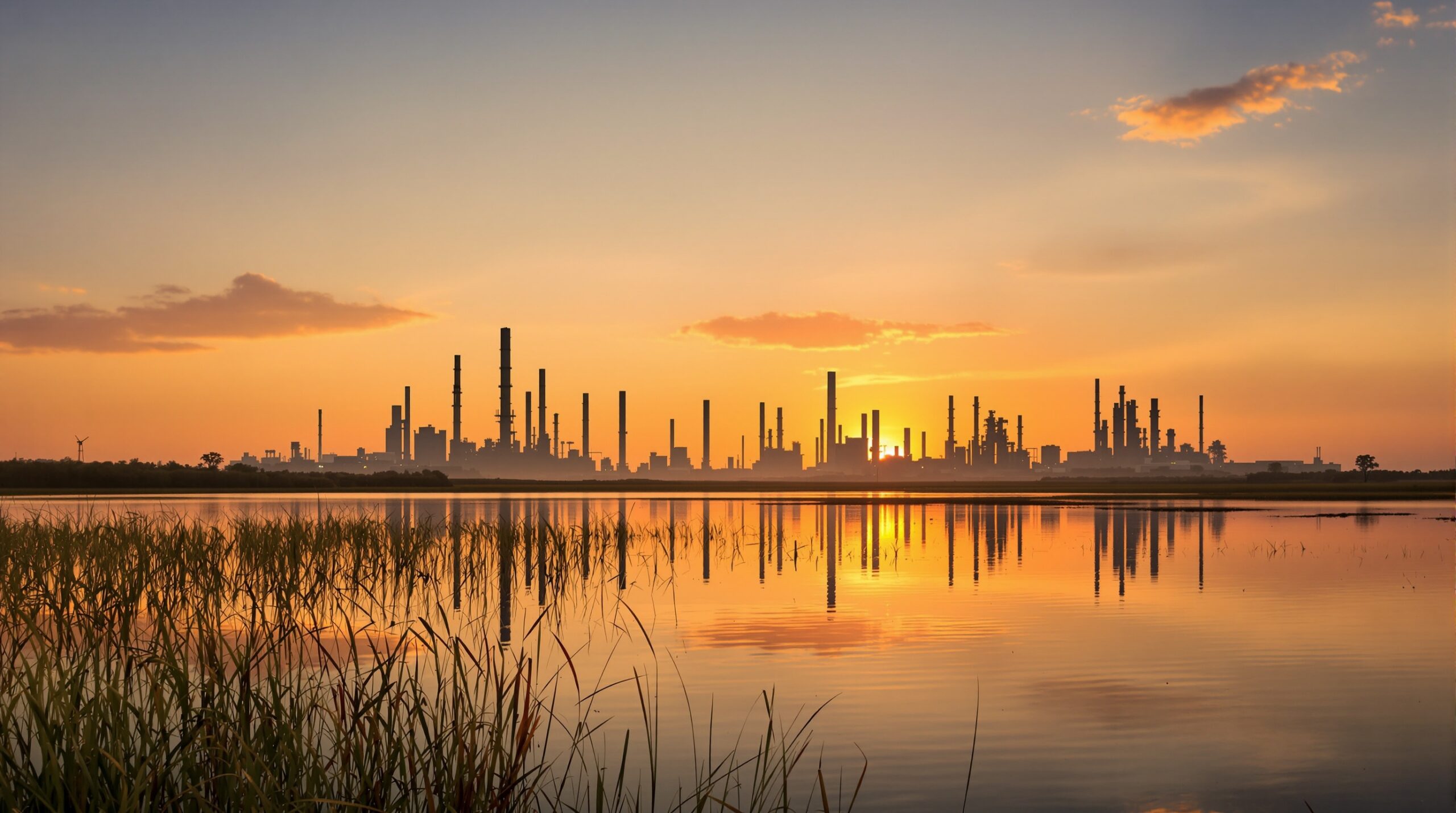 Golden hour view of the Neches River with Golden Triangle refinery silhouettes in the distance near Beaumont, Texas