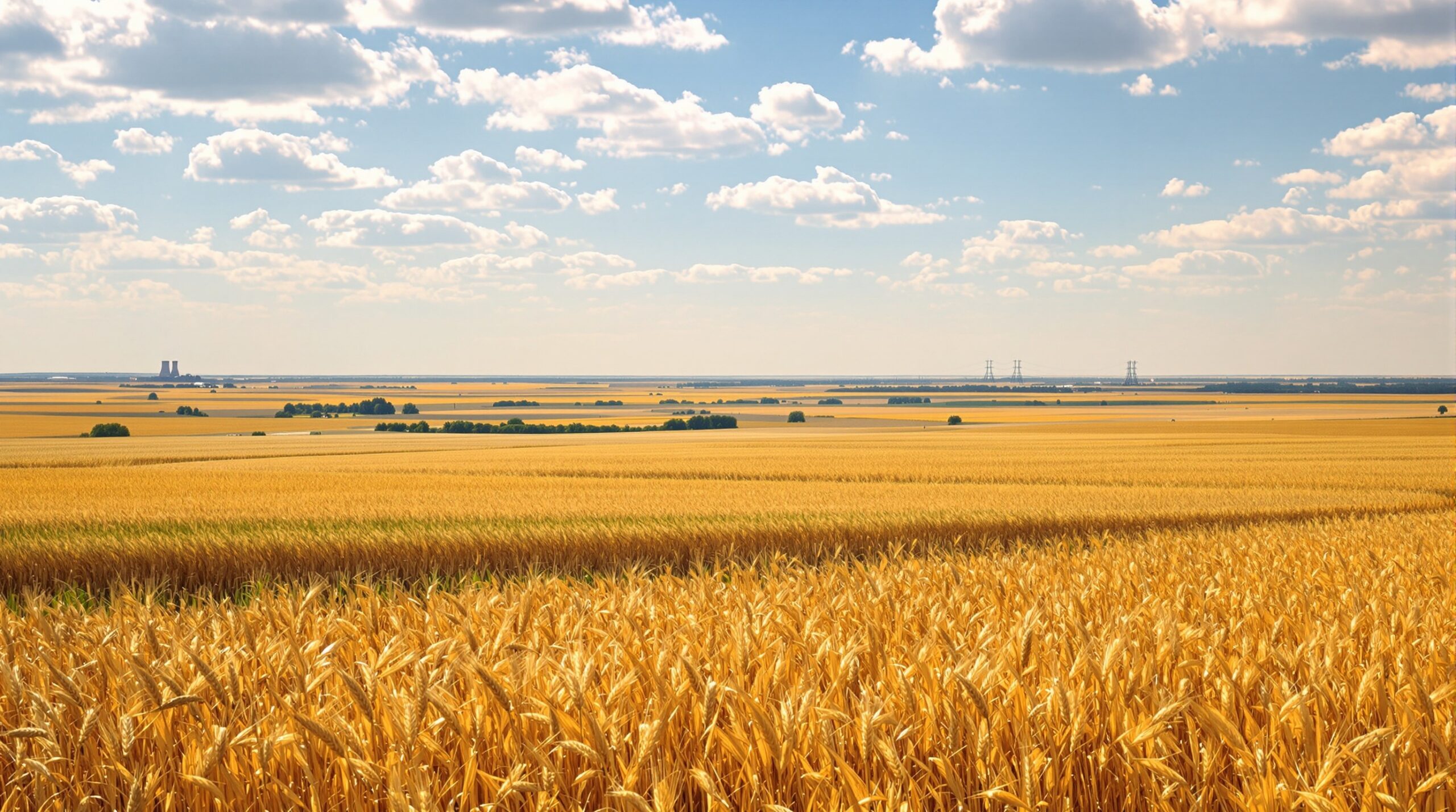 Golden wheat fields near Beulah, North Dakota with a distant power plant silhouette along the horizon