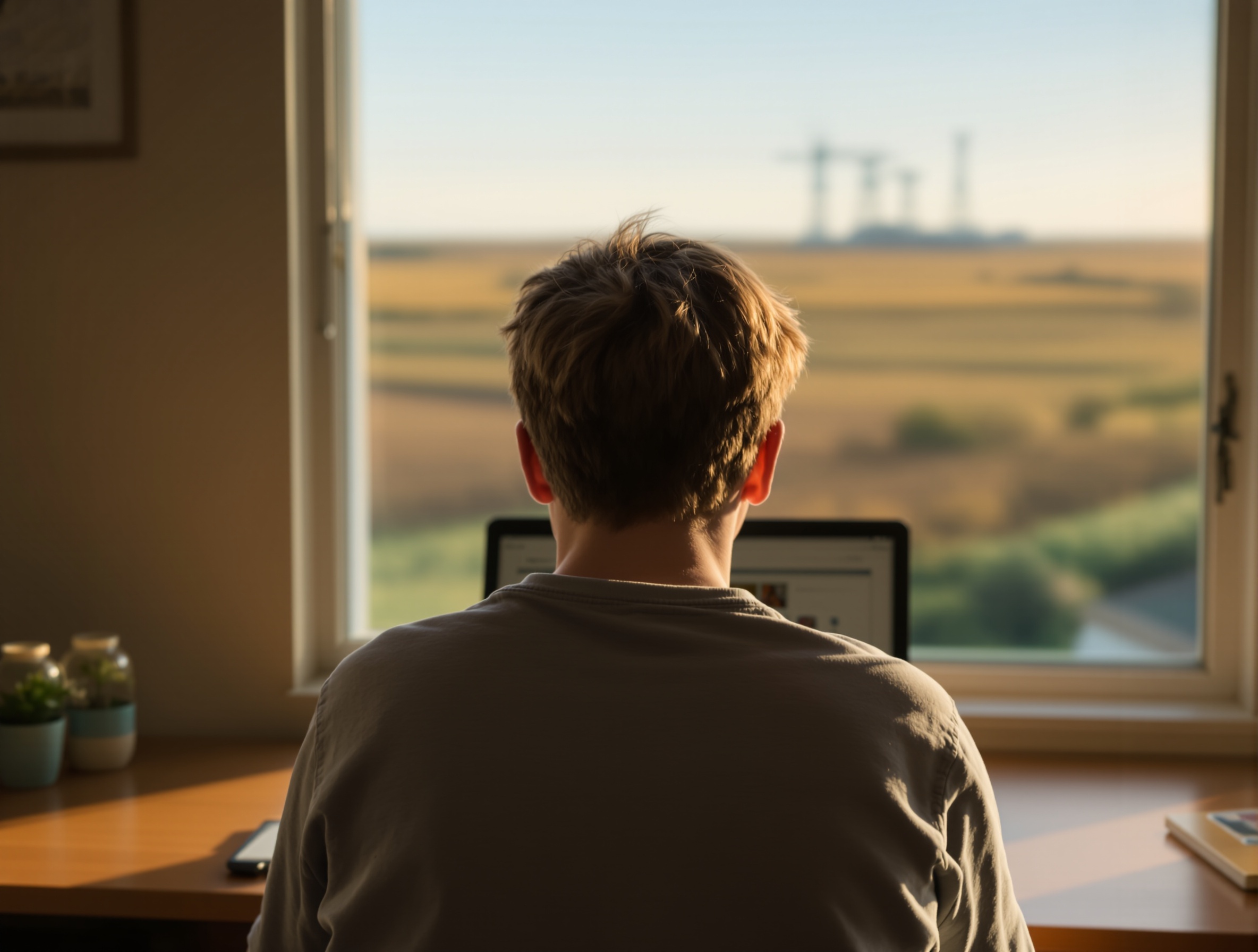 Student studying at a home desk with a soft-focus view of North Dakota farmland and a distant power plant through the window