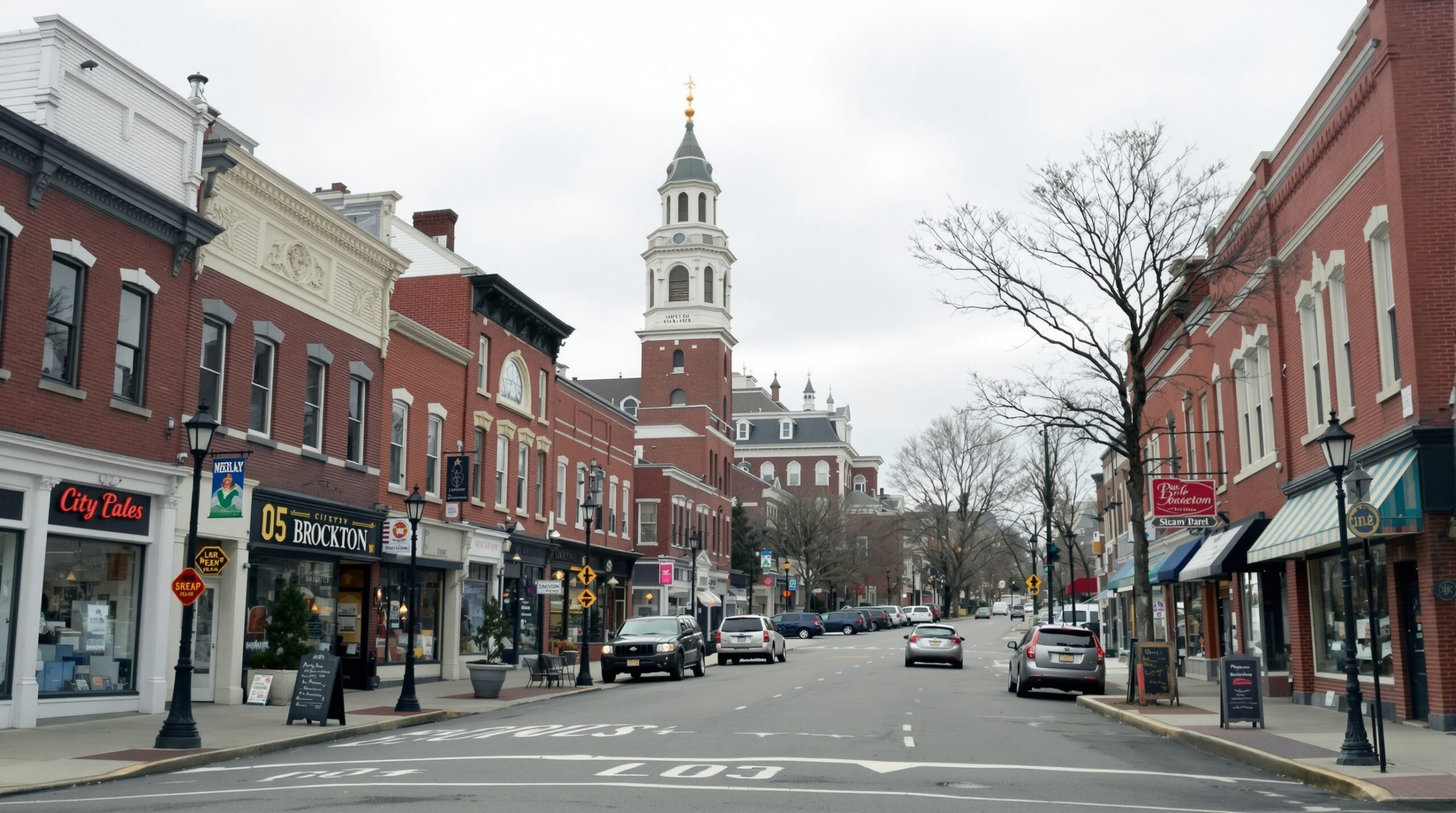 Downtown Brockton Massachusetts streetscape with historic brick buildings and city hall