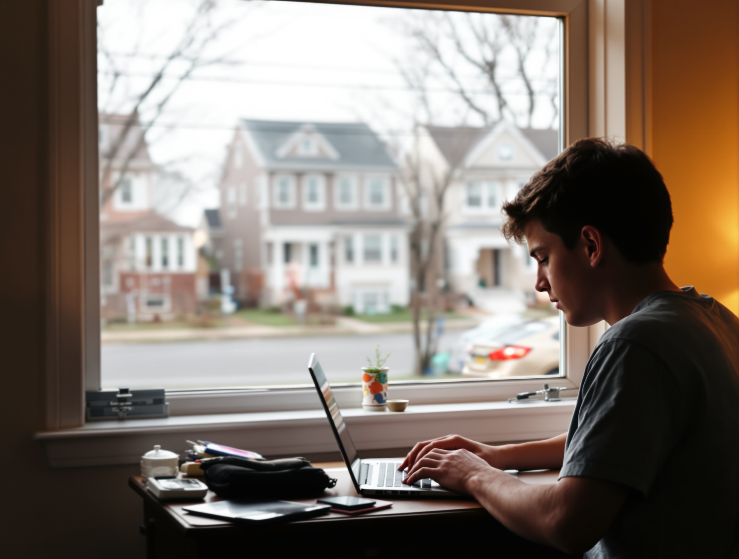 Student working at home desk in Brockton Massachusetts neighborhood