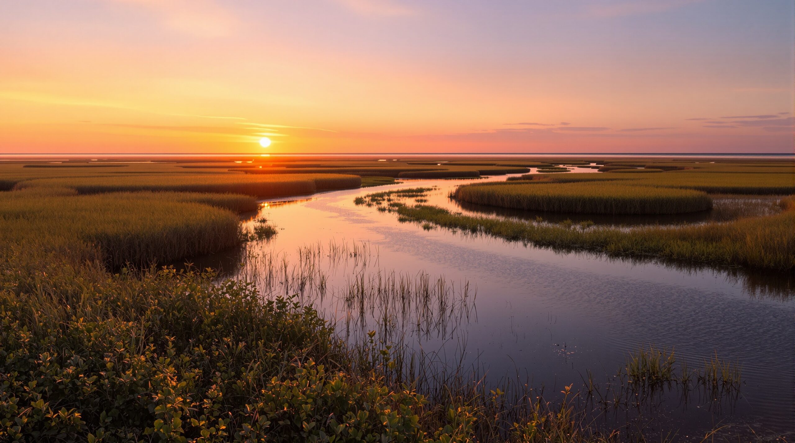Sunset view of the Rio Grande delta wetlands near the Gulf Coast at the southern tip of Texas near Brownsville