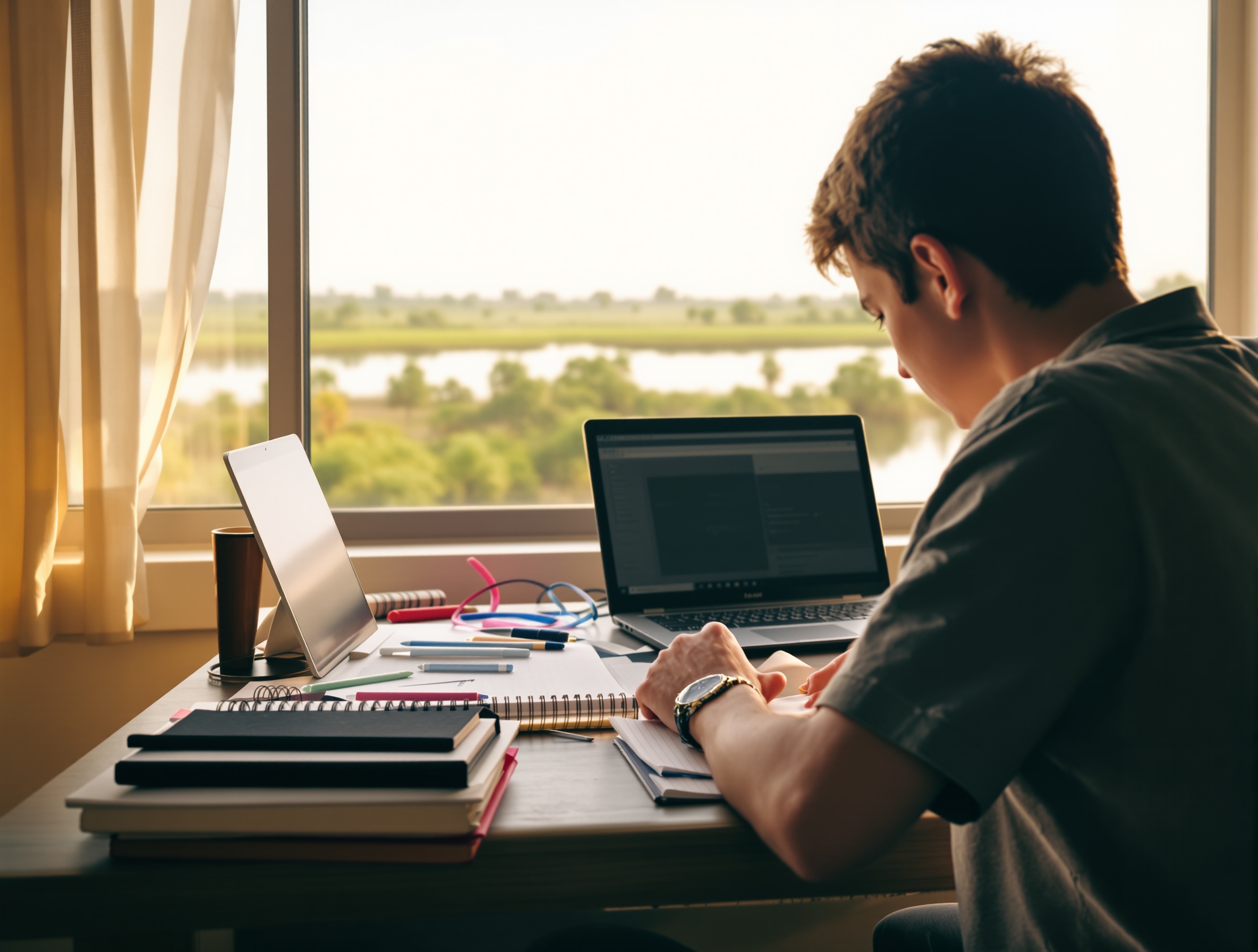 Student studying at a home desk in Brownsville, Texas with South Texas coastal wetlands softly visible through the window