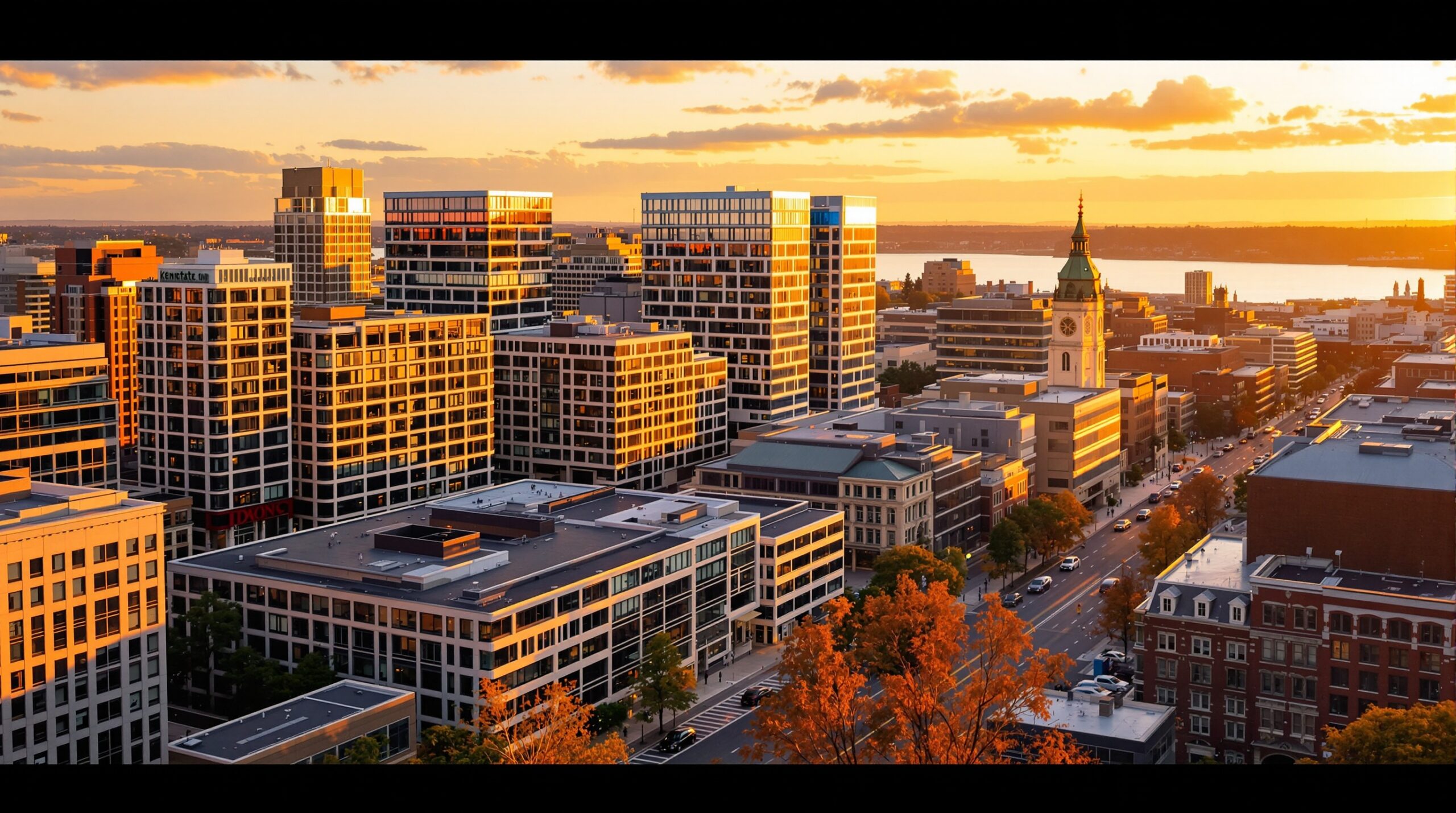 Kendall Square biotech district in Cambridge, Massachusetts, with research buildings and the Charles River in the background