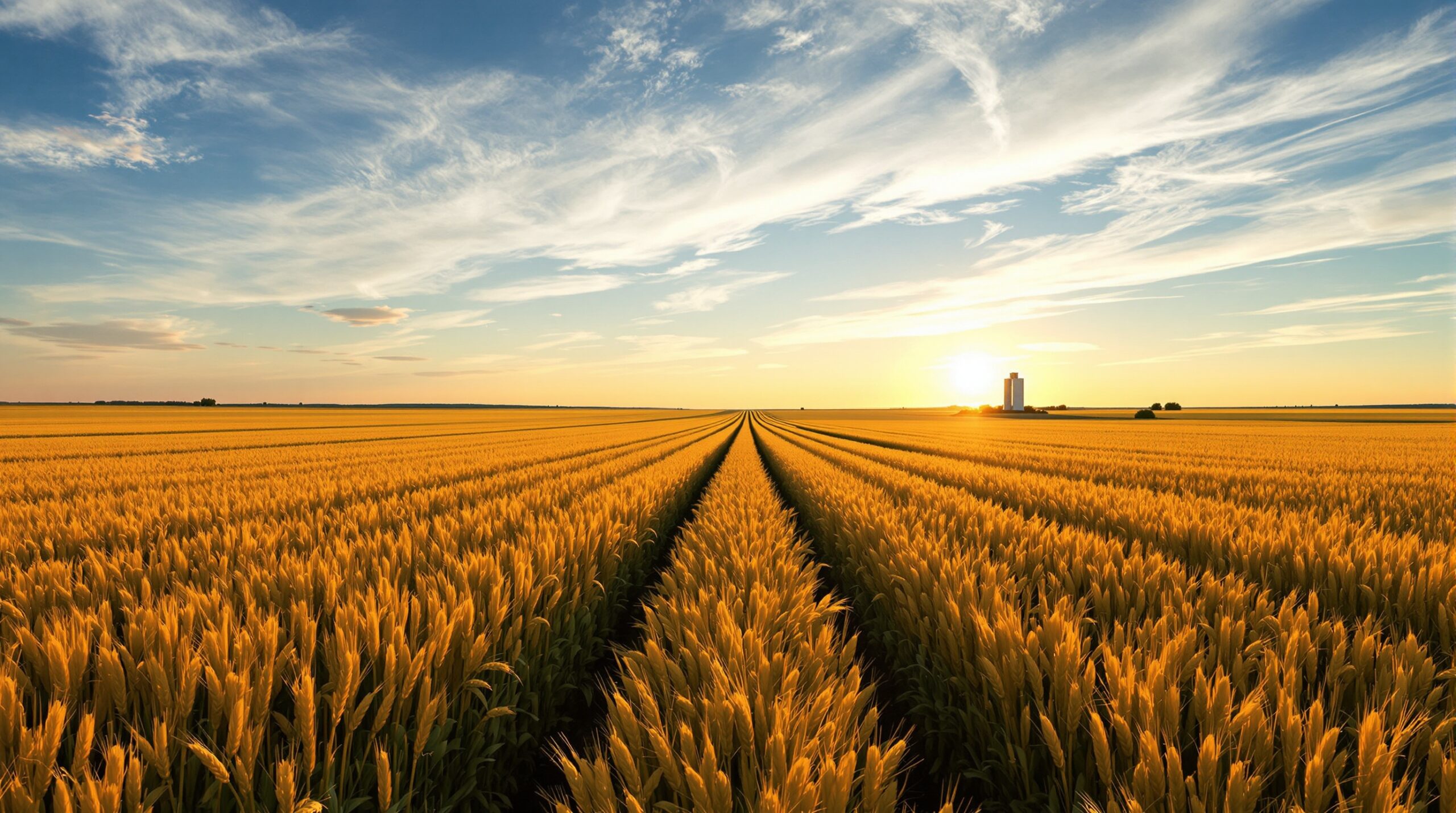 Golden wheat fields near Casselton, North Dakota at sunset with a distant grain elevator on the horizon