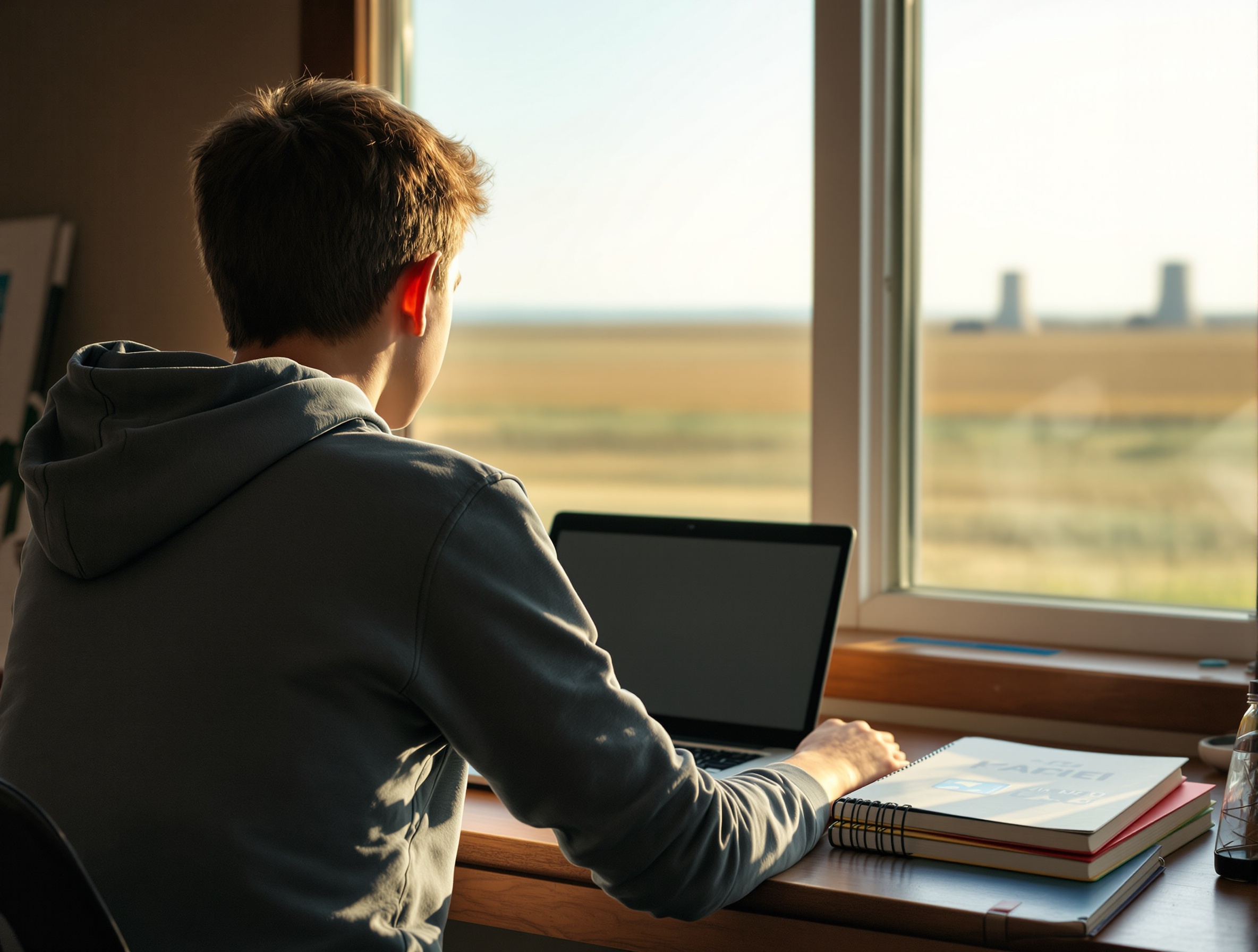Student studying at a home desk in Casselton, North Dakota with farmland visible through the window