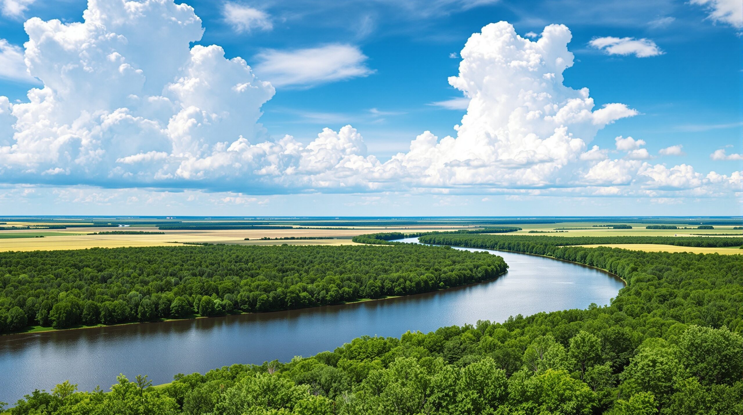 Red River bend lined with green trees near Grand Forks, North Dakota under a summer sky