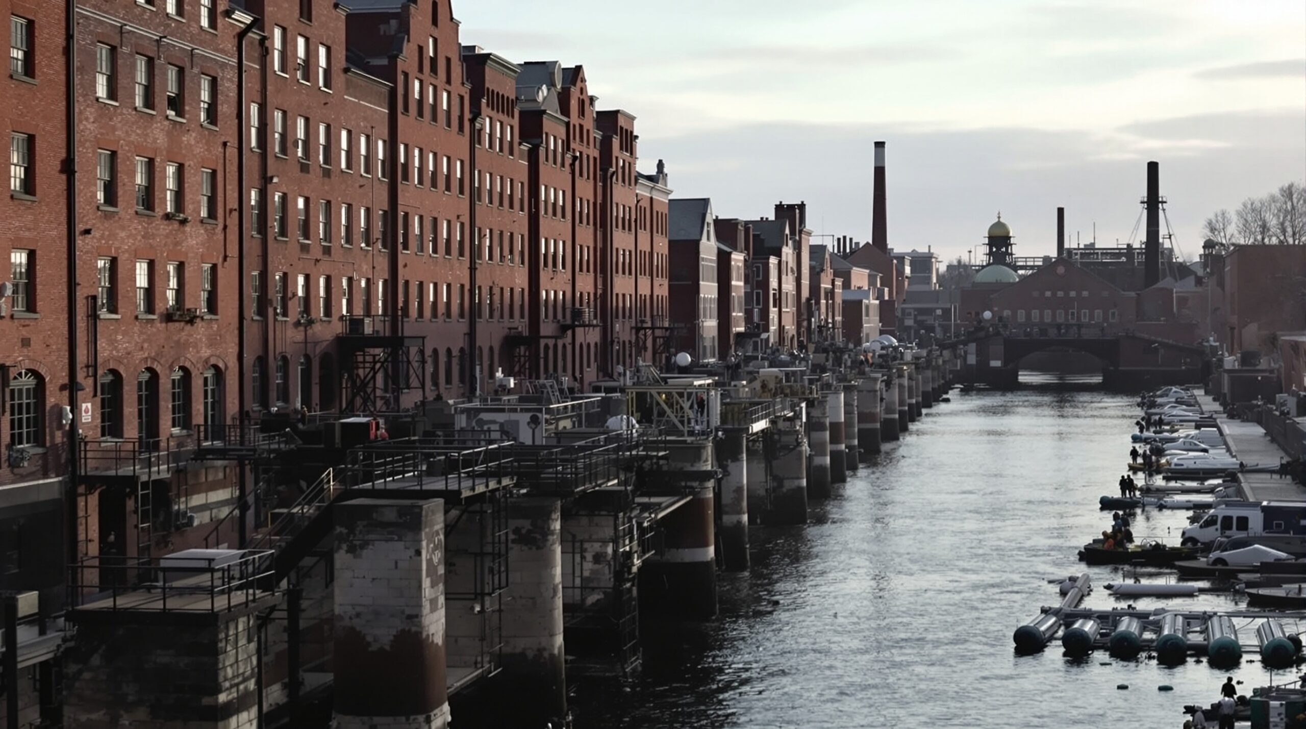 Historic Lowell canal and mill district along the Merrimack River in Lowell, Massachusetts