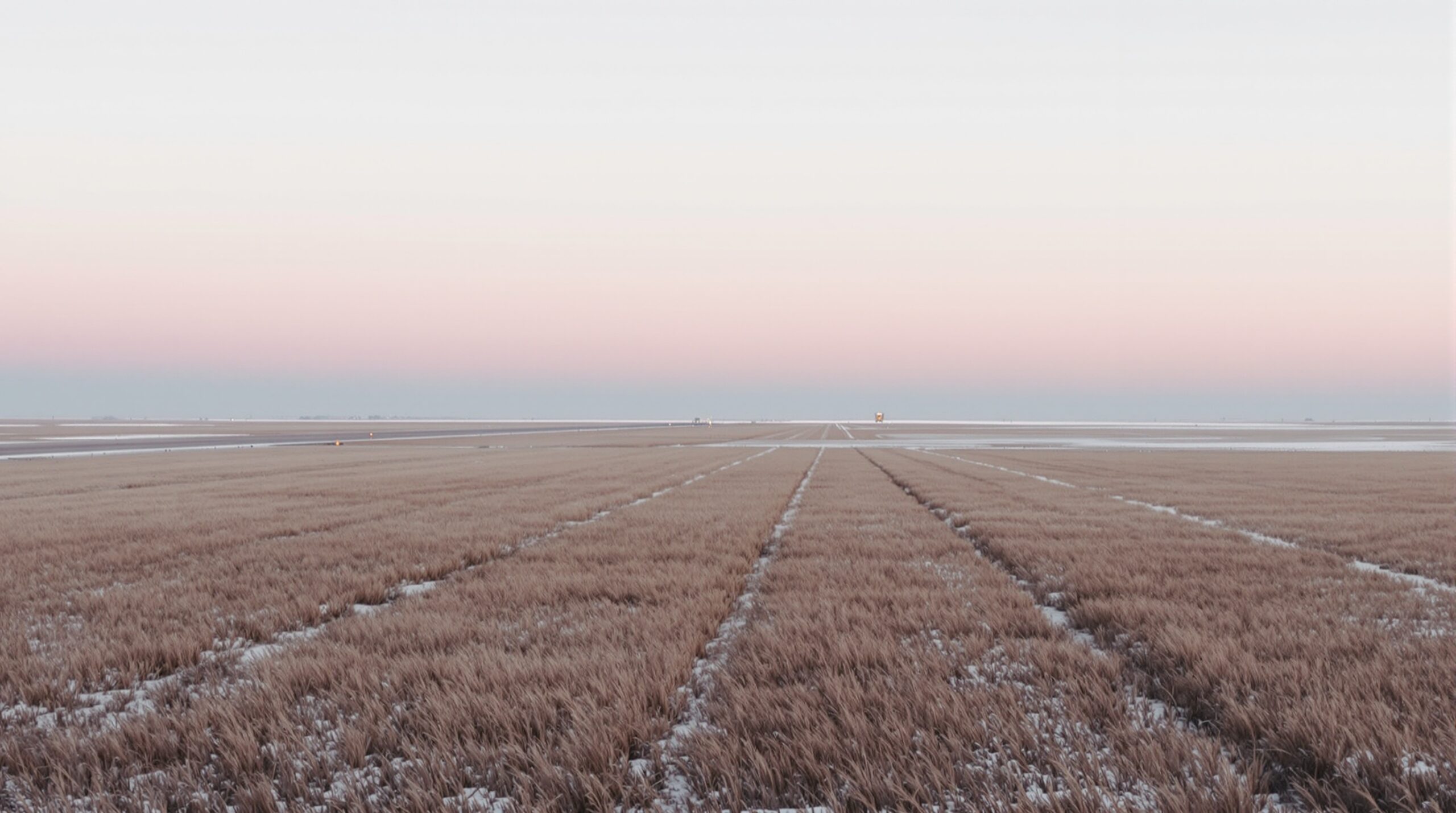 Snow-dusted North Dakota prairie at dawn near Minot with a distant flat horizon