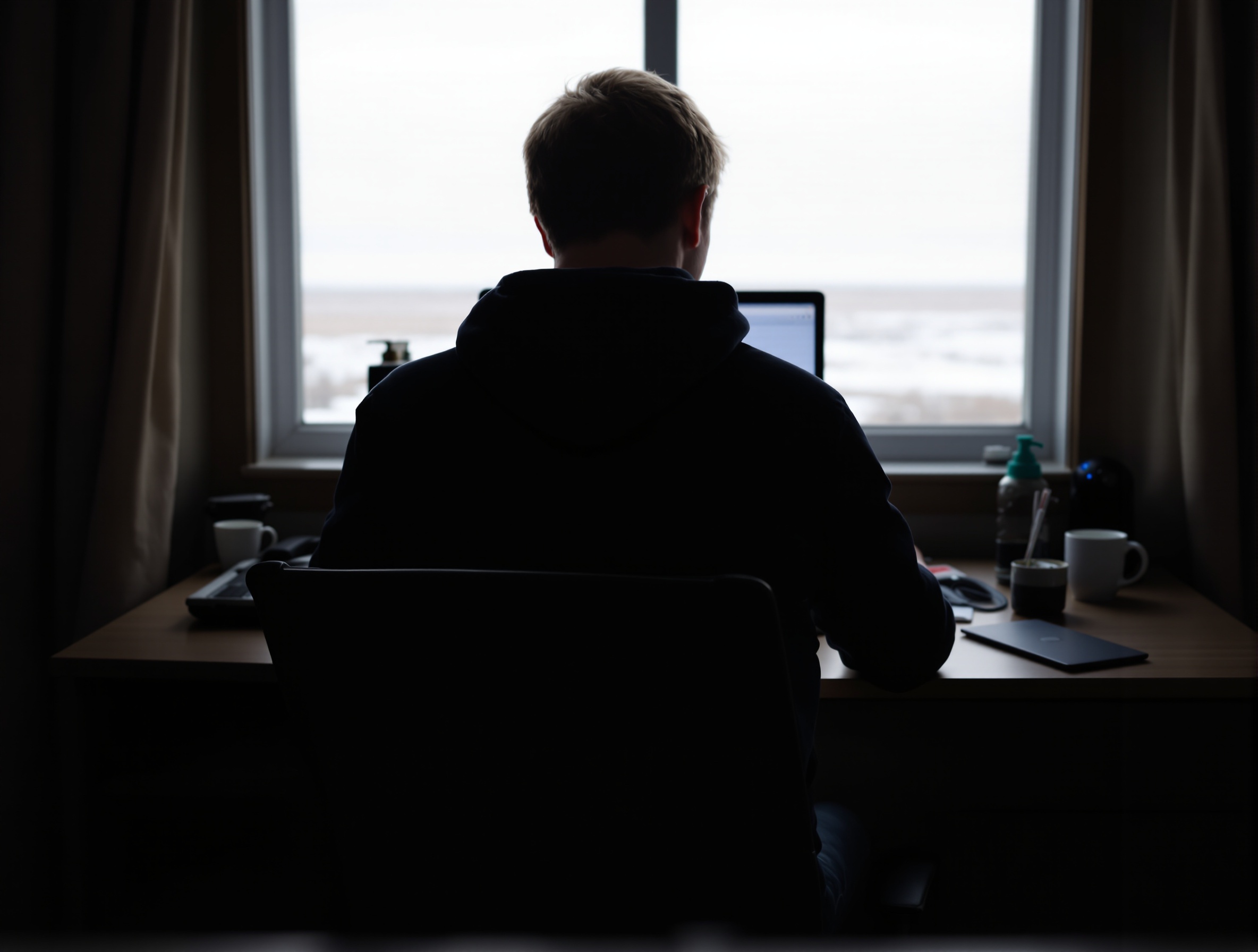 Student studying at a home desk with a soft-focus view of snowy North Dakota prairie through the window