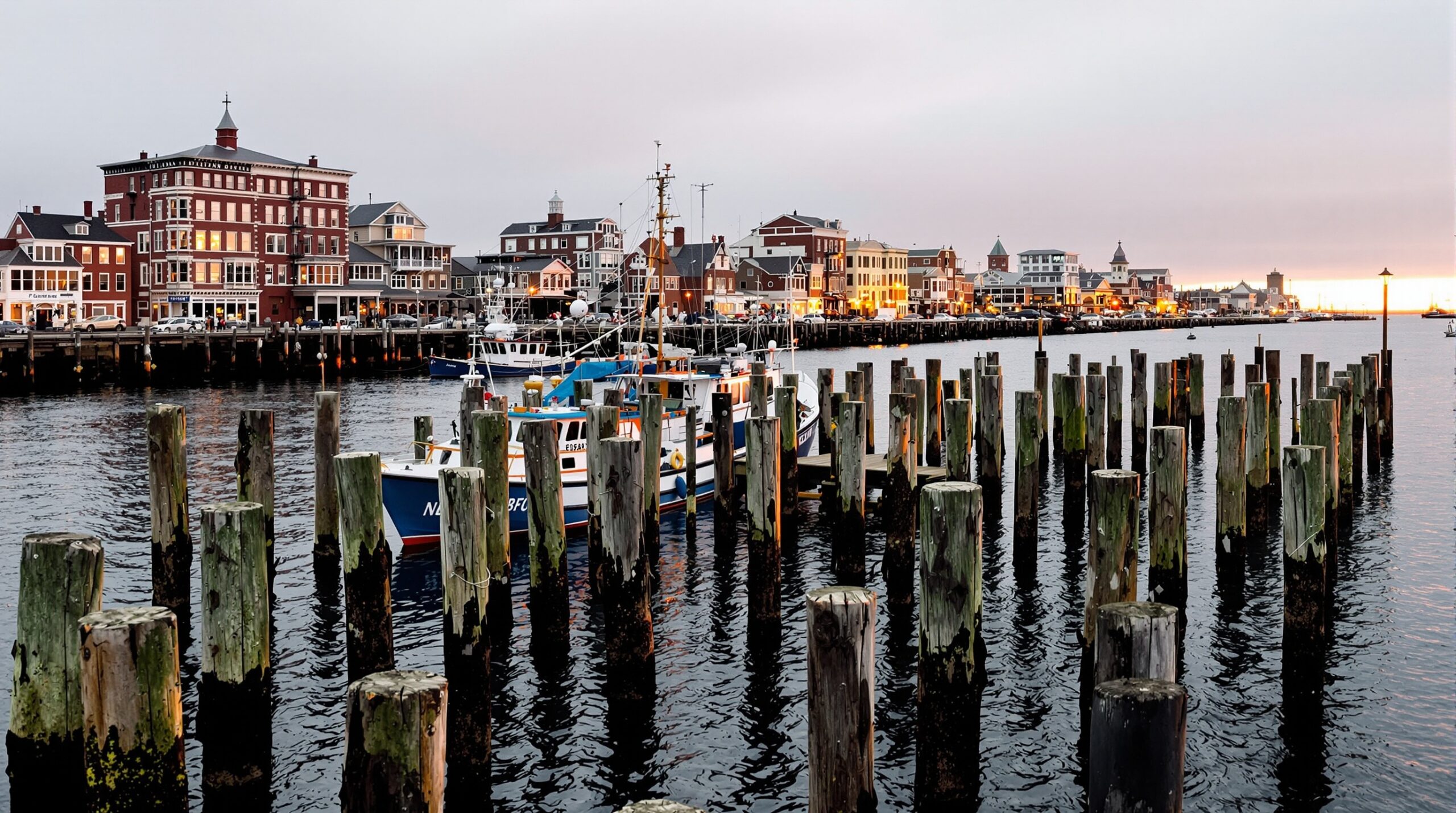 New Bedford commercial fishing harbor with docked vessels and the historic waterfront at golden hour