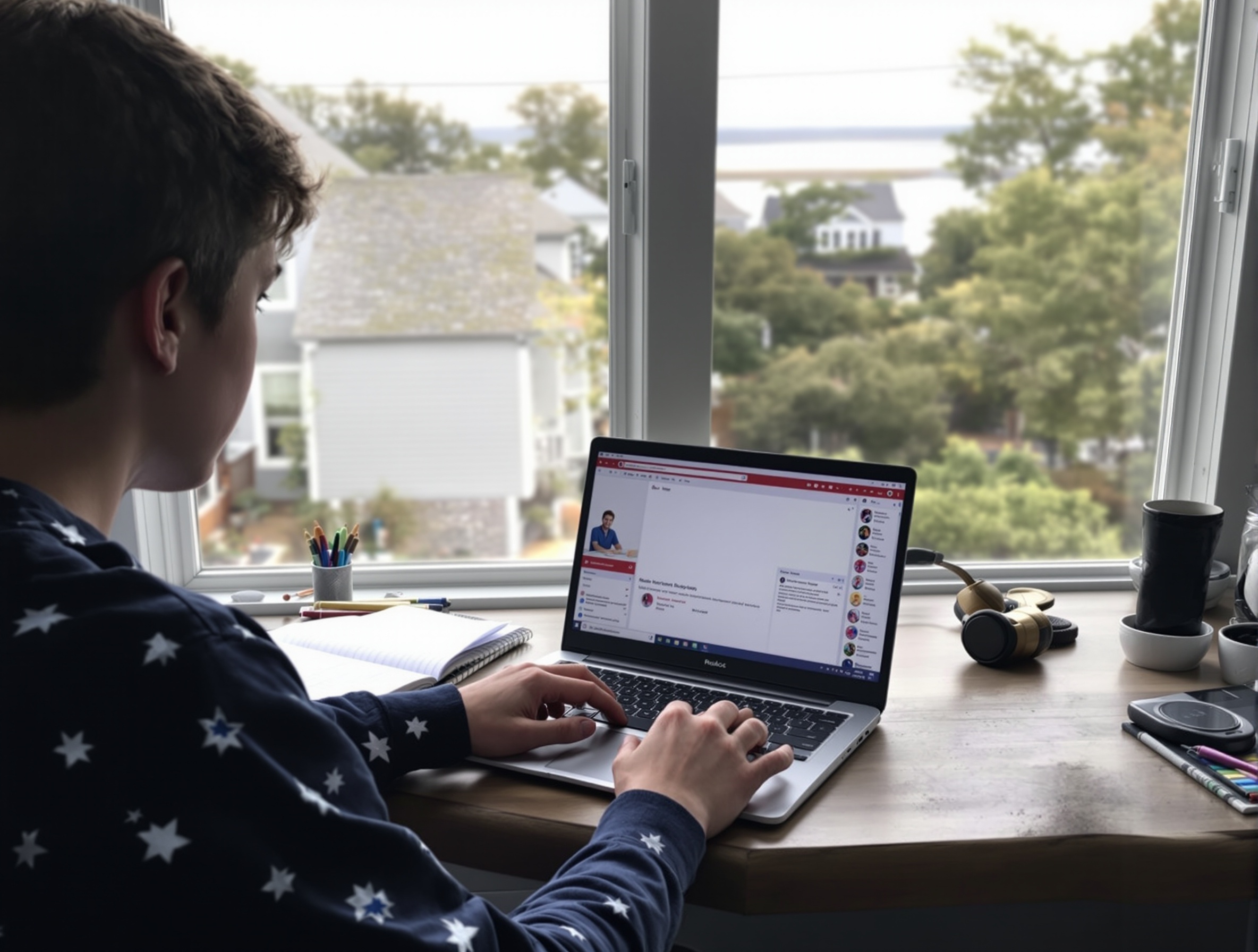 New Bedford student working on online coursework at home with a coastal neighborhood view through the window