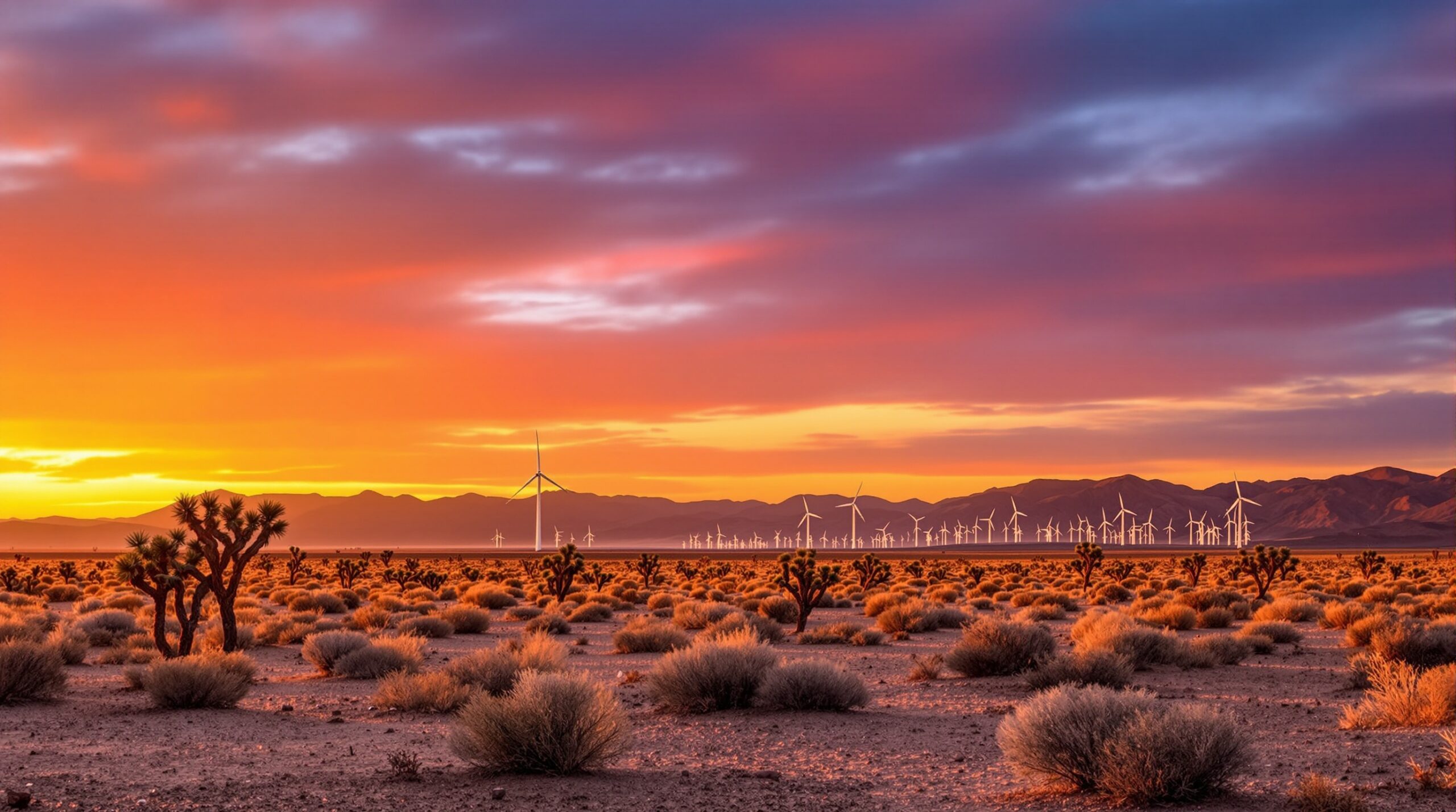 High desert landscape of the Antelope Valley near Palmdale, California at sunset with distant wind turbines near the mountain pass