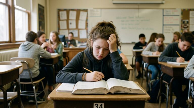 Middle school student looking frustrated while reading at her desk