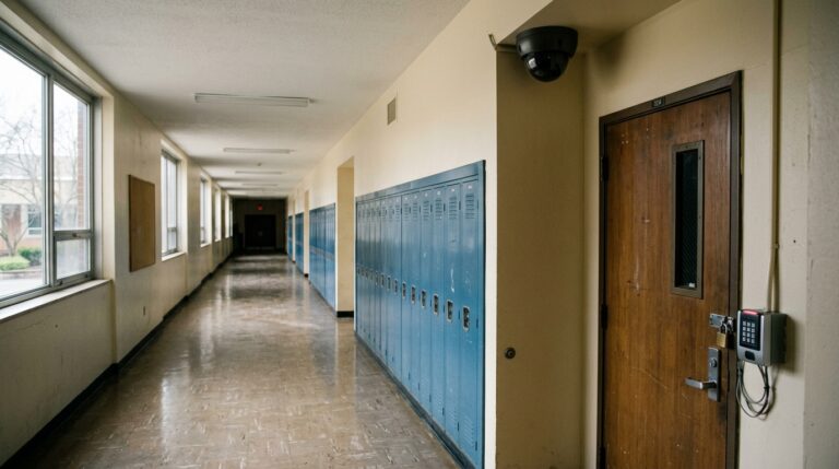 Empty school hallway with security camera and locked door keypad