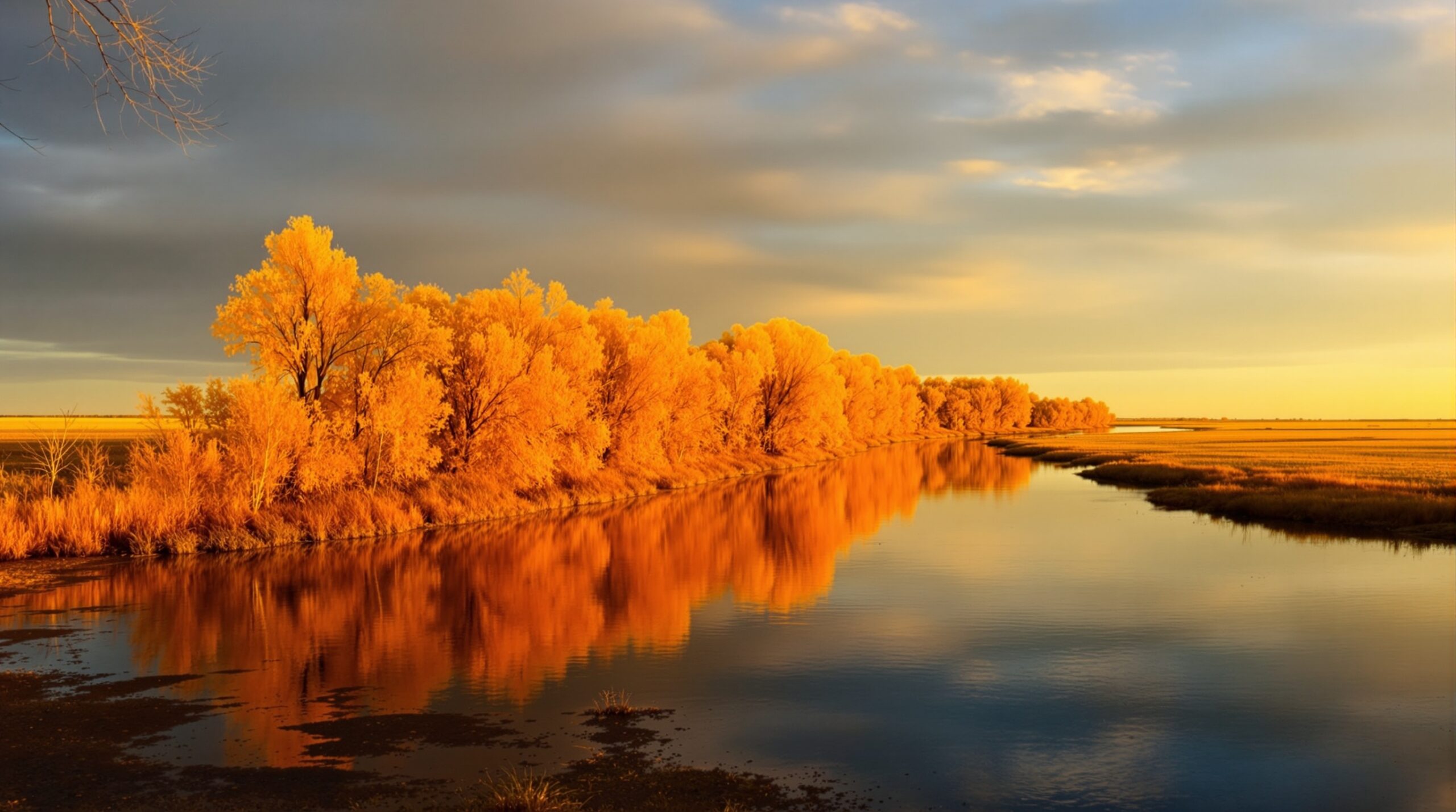 Bois de Sioux River lined with golden cottonwood trees near Wahpeton, North Dakota in autumn