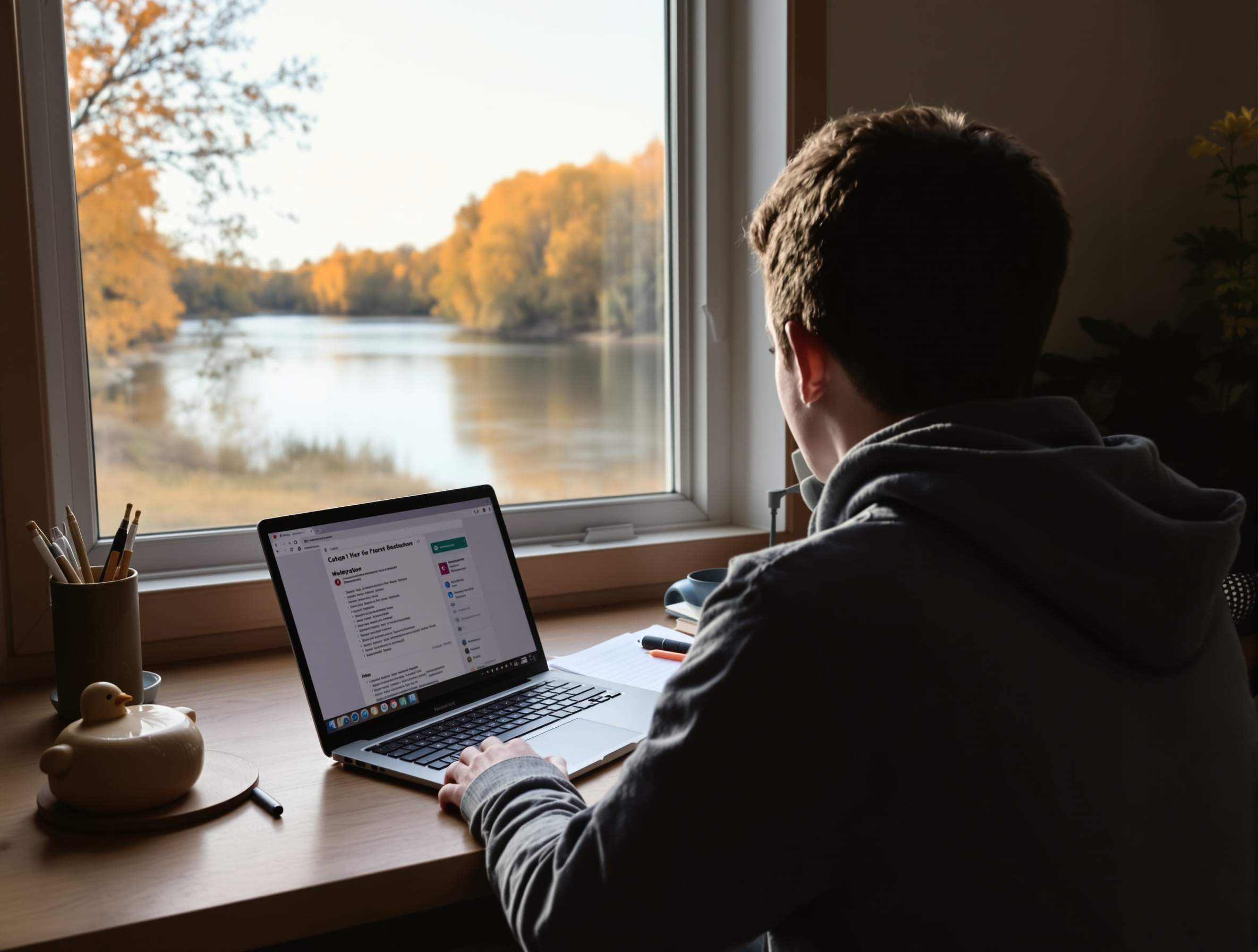 Student studying at a home desk in Wahpeton, North Dakota with the river visible through the window