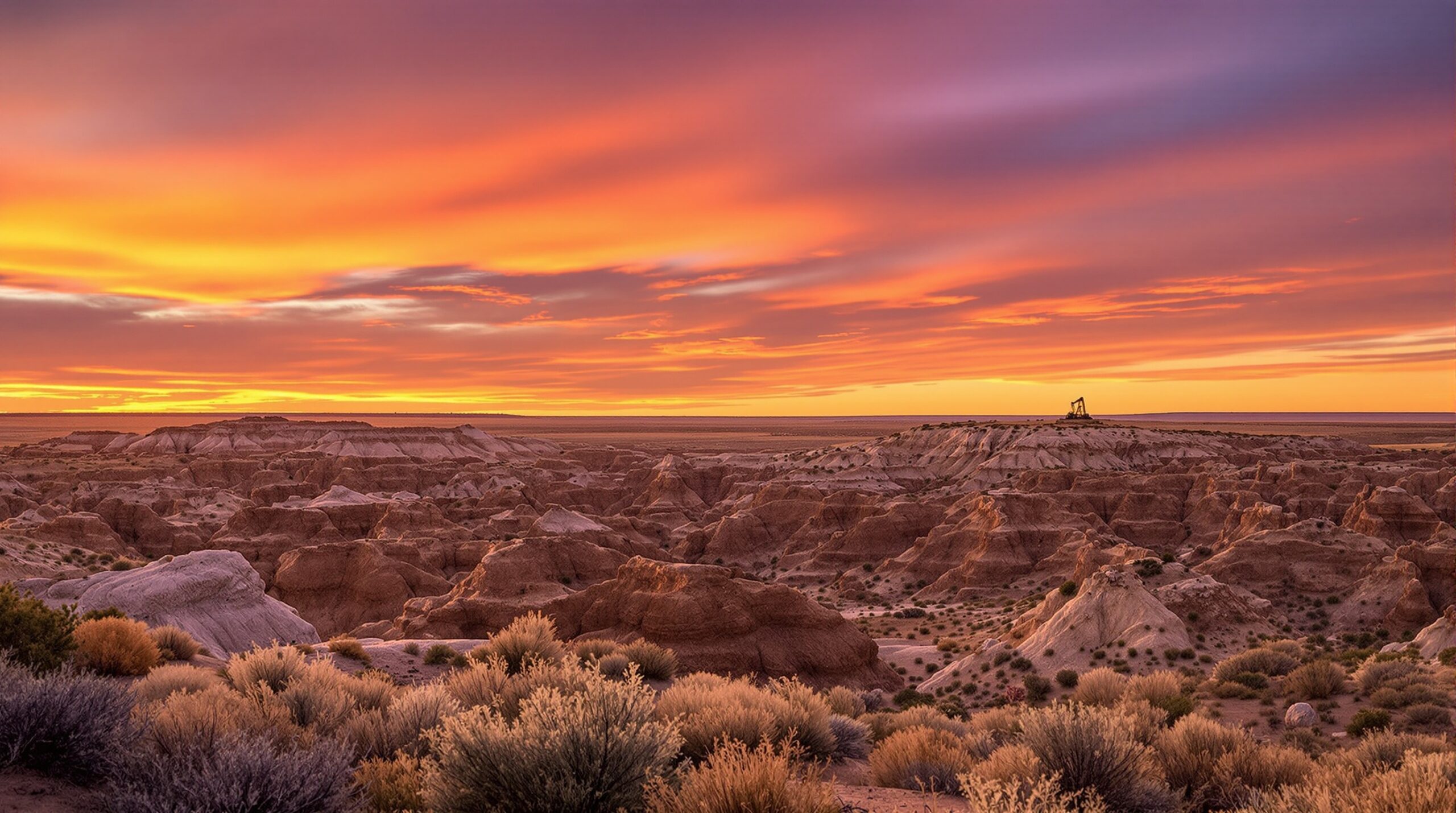 Badlands ridgelines and a distant oil pump jack silhouette near Watford City, North Dakota at sunset