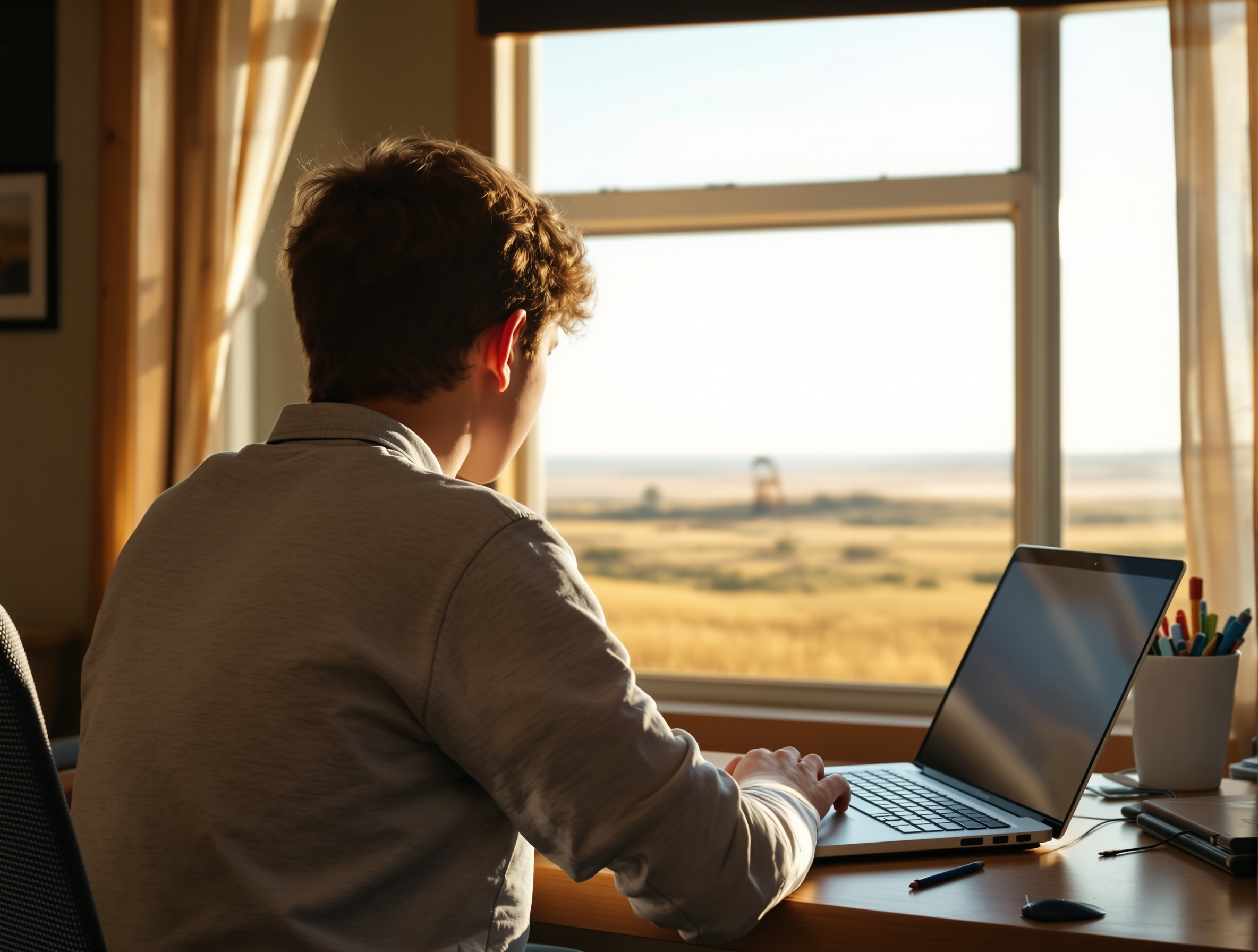 Student studying at a home desk with a soft-focus view of North Dakota badlands terrain through the window