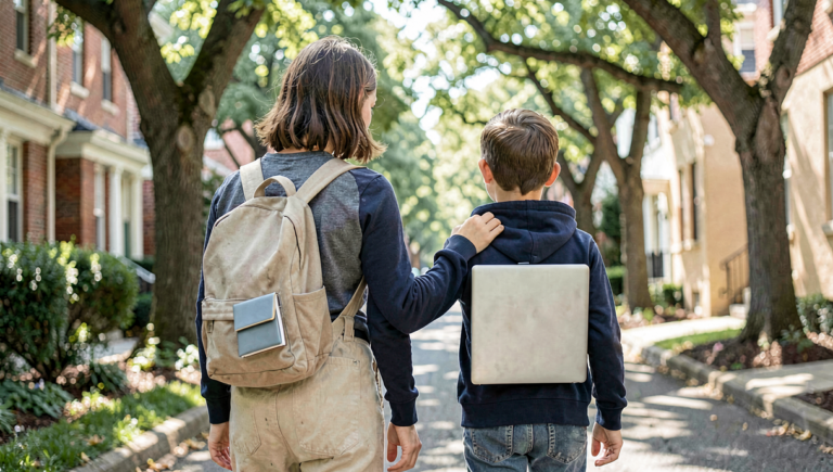 An Alabama parent and young son walking together on a tree lined street after leaving public school