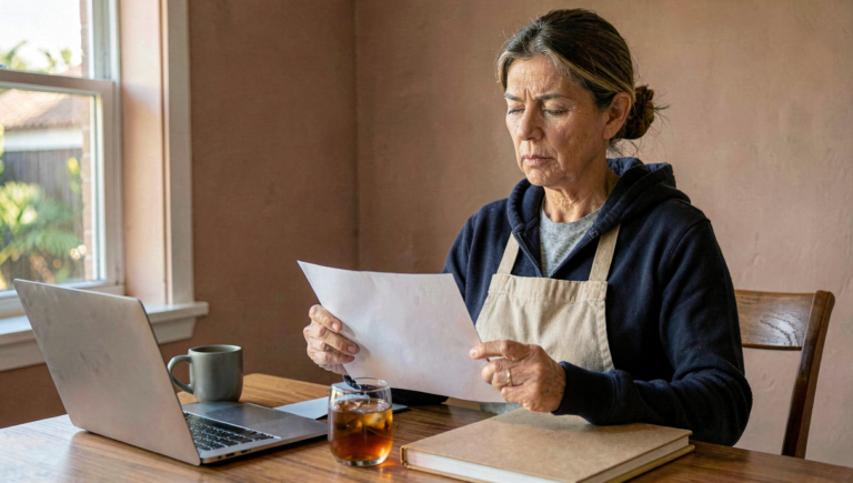 A Florida parent at a kitchen table reviewing withdrawal paperwork for her child