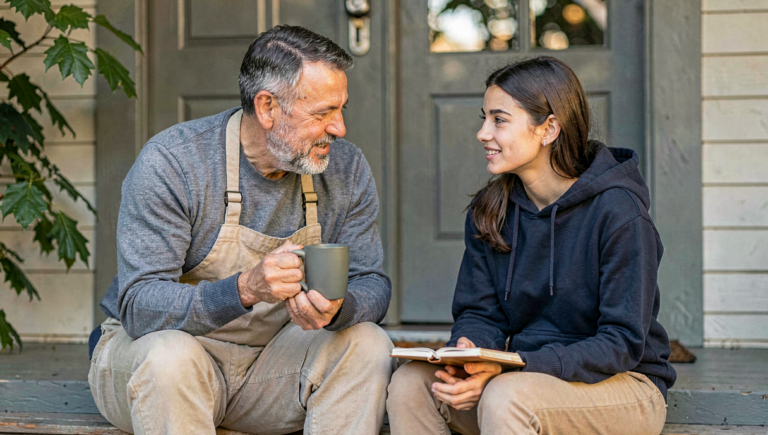 A Georgia parent and teenage daughter talking on their front steps about leaving public school