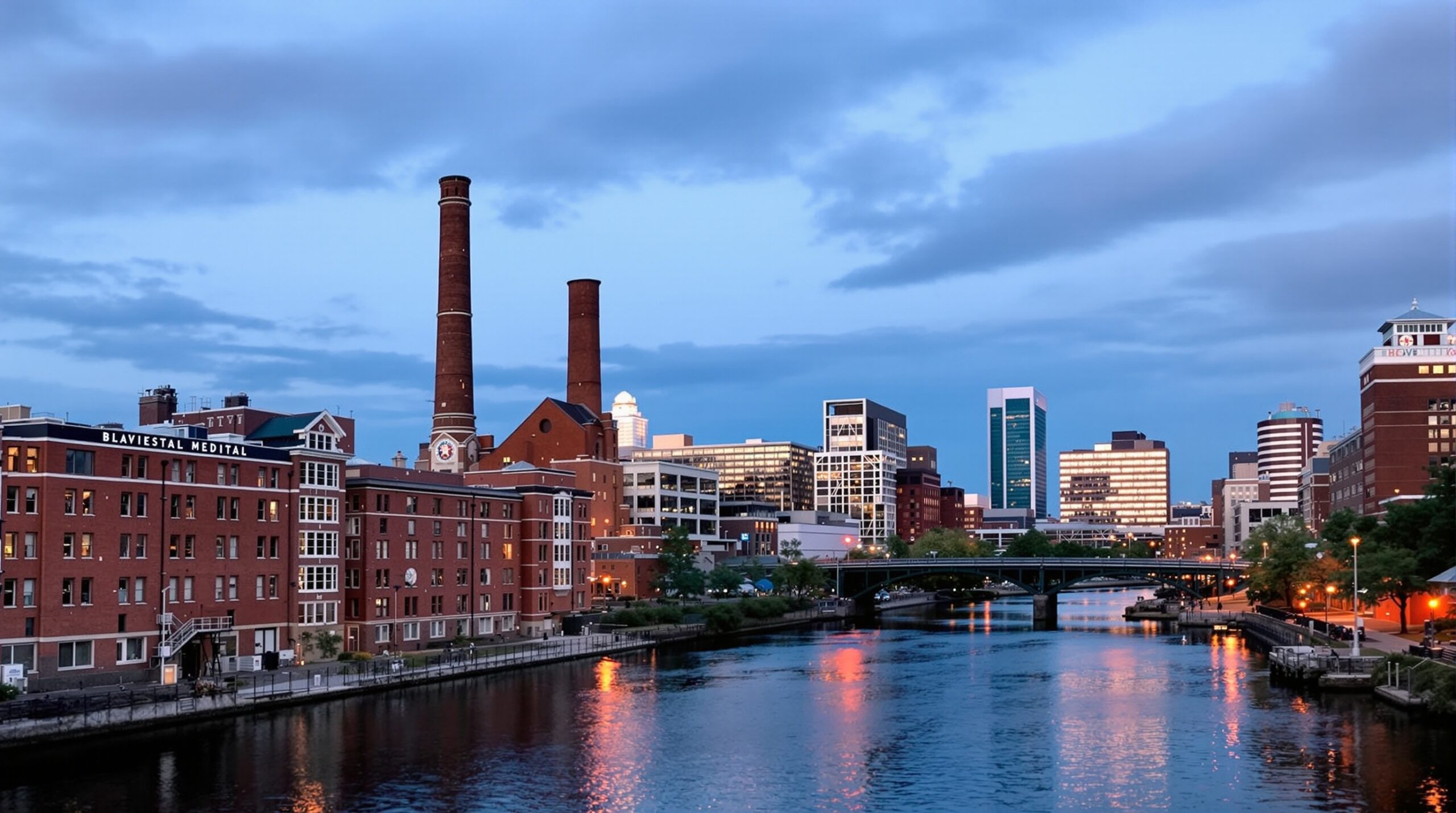 Downtown Worcester Massachusetts skyline with historic mill buildings and the city's medical and university district in the background