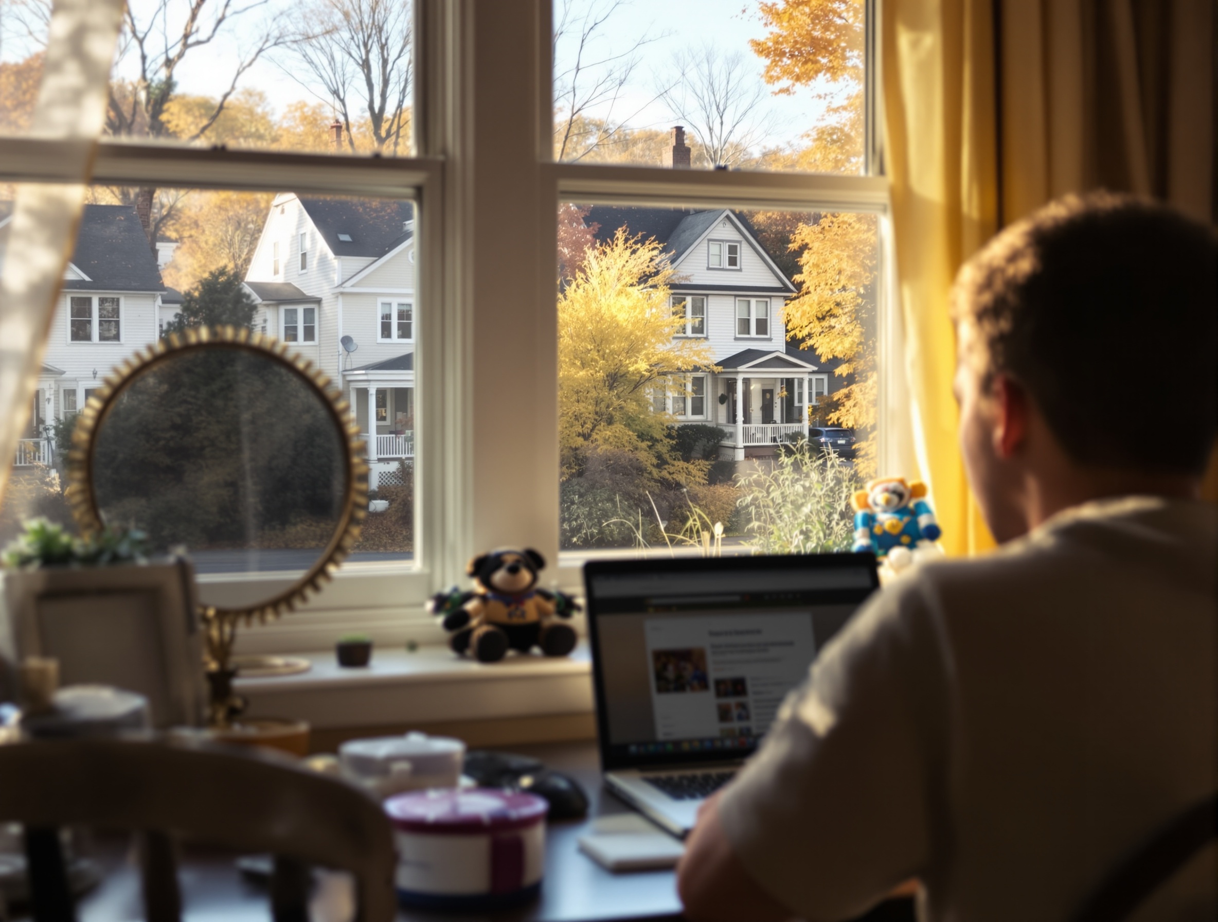 Student studying at home in Worcester Massachusetts with a view of the neighborhood through the window
