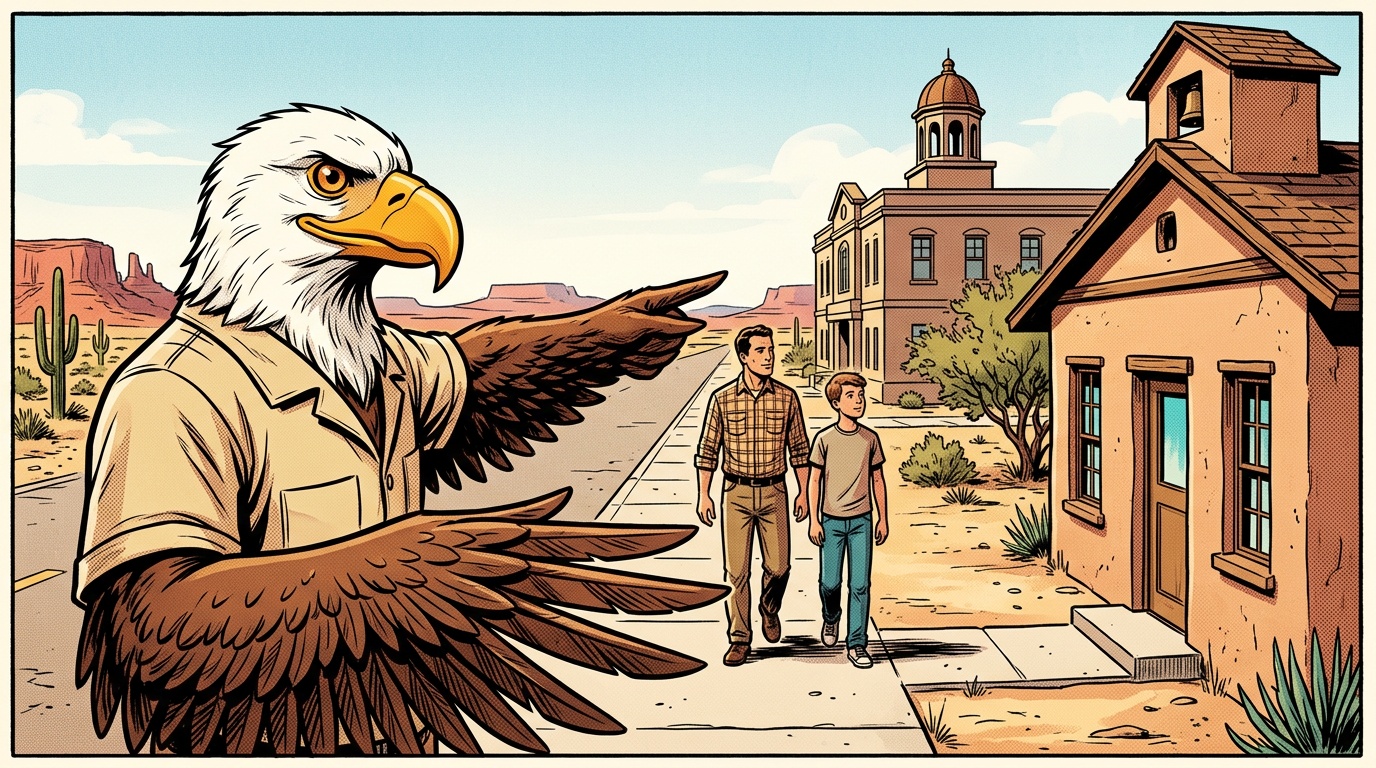 Comic panel: the eagle steers an Arizona family away from the school office toward the county building where the affidavit actually goes