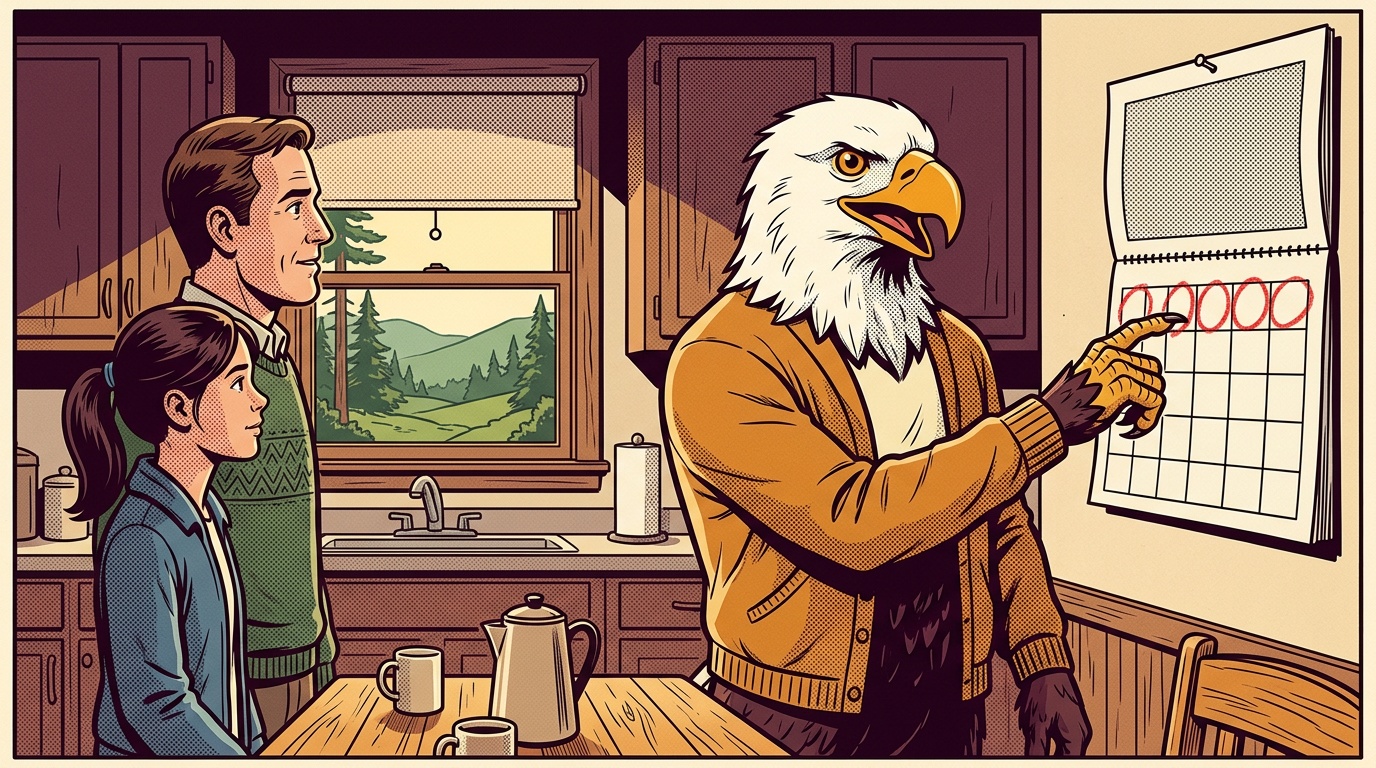 Comic panel: the eagle shows an Arkansas family a wall calendar with the five school days between deciding and leaving marked out
