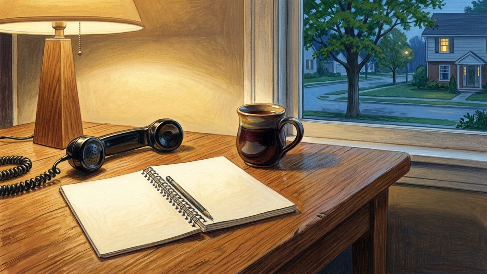 Bethel Park online homeschool: a telephone handset off its cradle beside a blank notepad on a kitchen table at dusk
