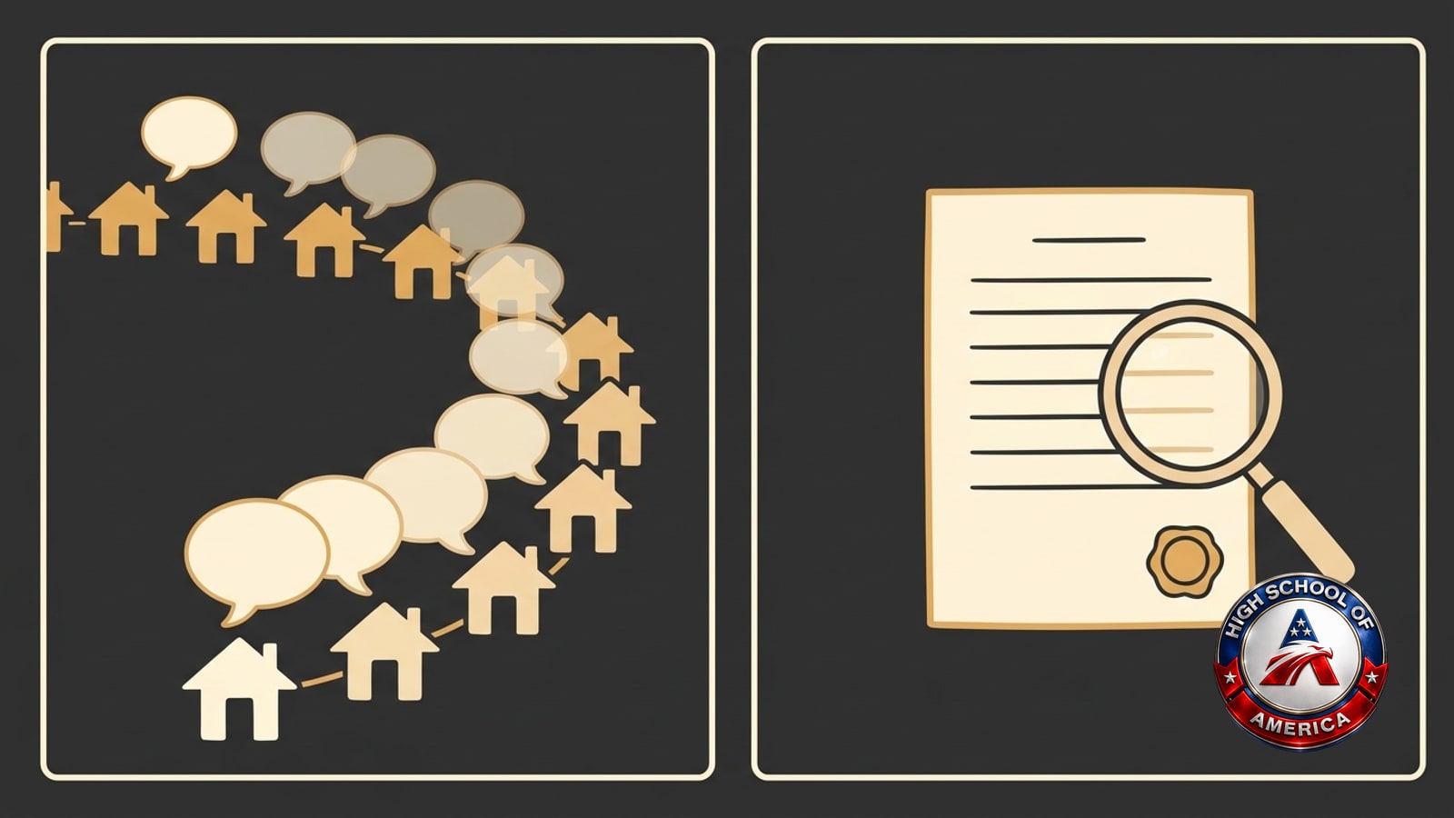 Two panels: a speech bubble changing shape as it passes between houses, and a single sealed document under a magnifying glass