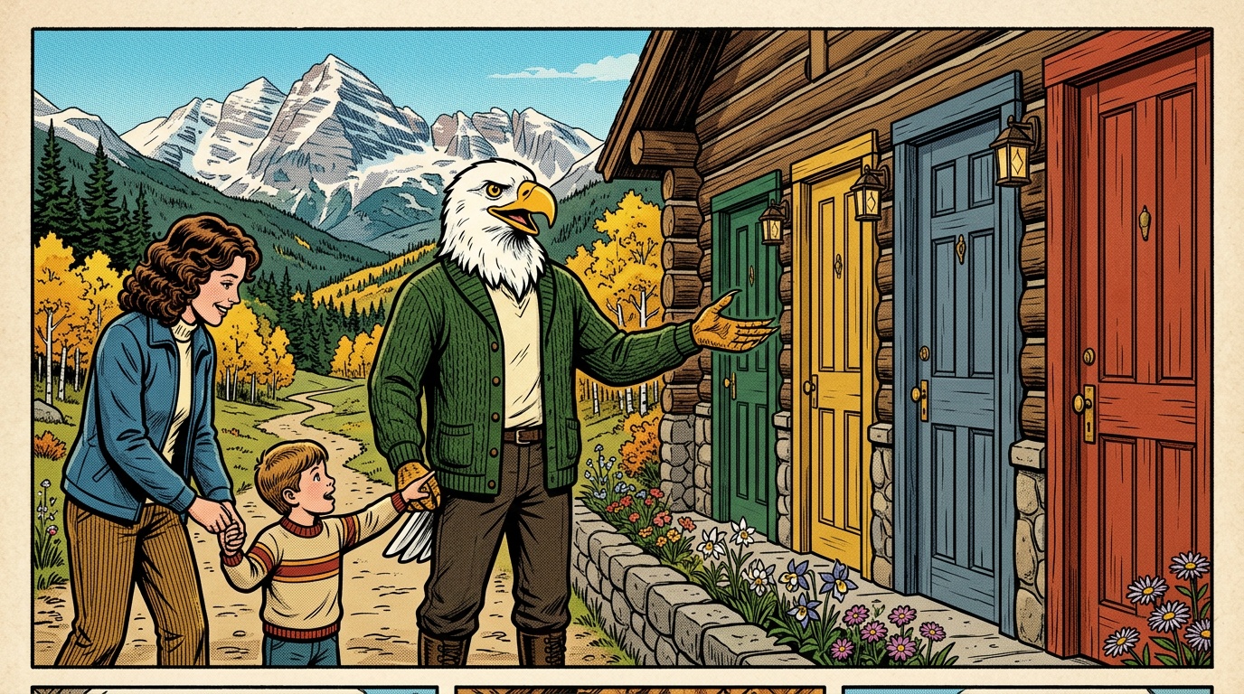 Comic panel: the eagle gestures at a row of different front doors for a Colorado mother and son, showing that the notice can go to any district they choose