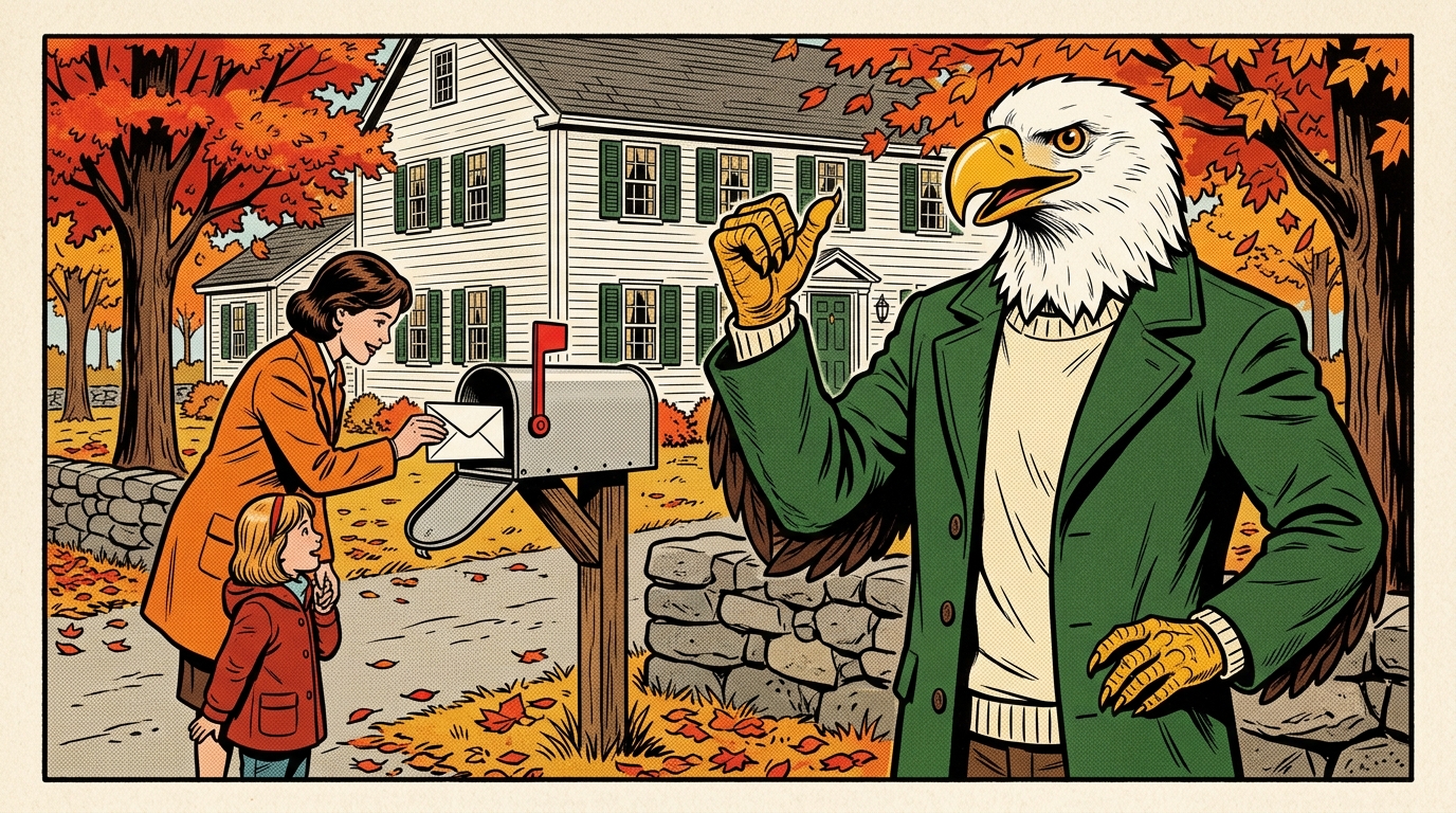 Comic panel: the eagle watches approvingly as a Connecticut parent posts a single envelope in a curbside mailbox, the one letter that closes the school roll cleanly