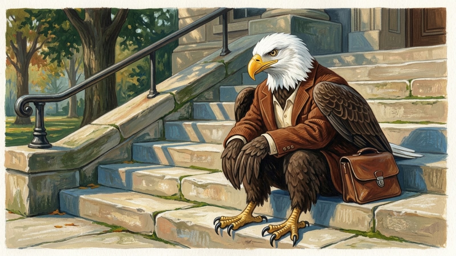 Covington online K-12 school: the head of school sitting on old civic steps, listening