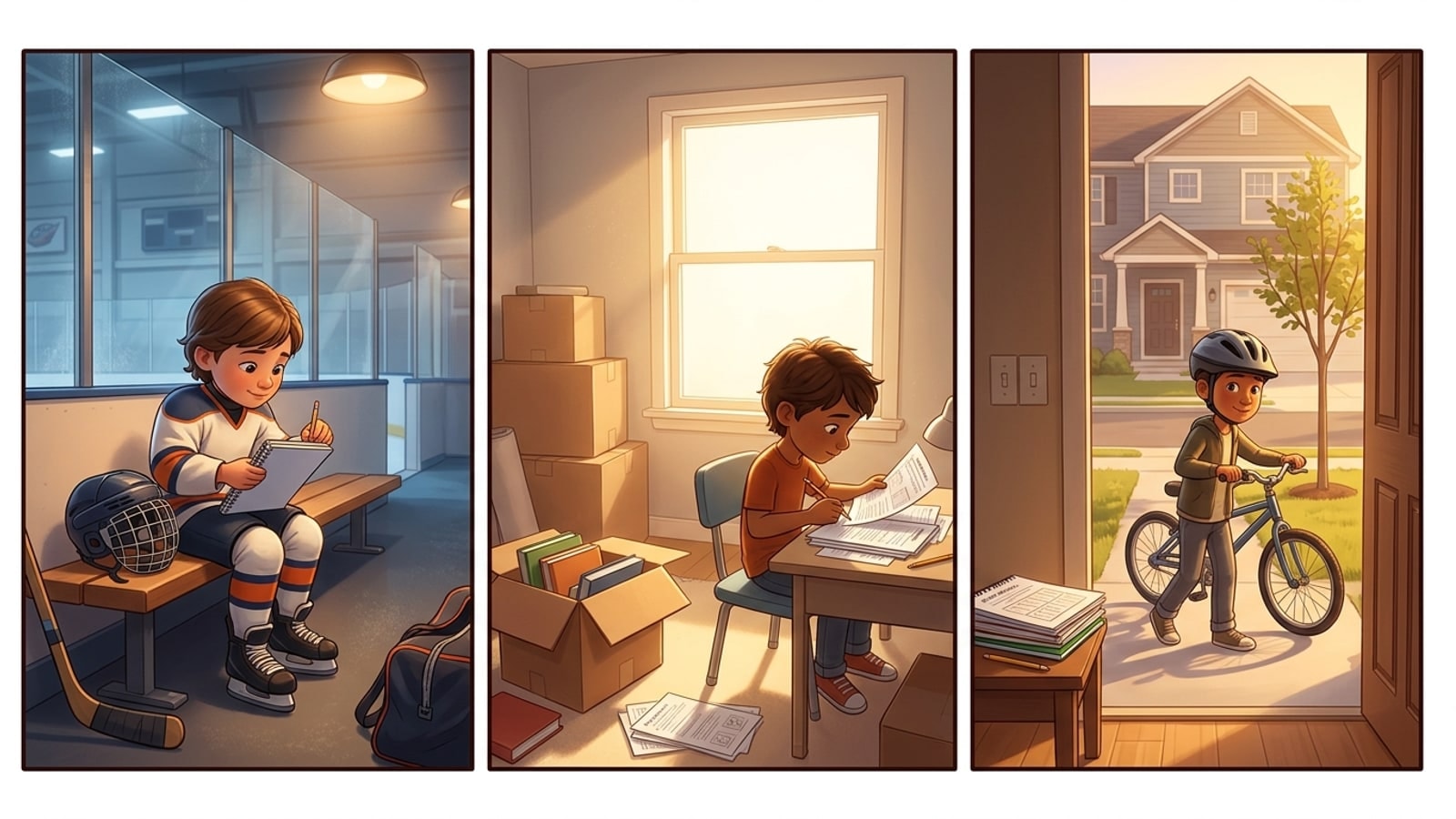 Three-panel comic of Cranberry Township students: a hockey player finishing schoolwork at the arena, a child studying among moving boxes, a child leaving with a bike mid-afternoon