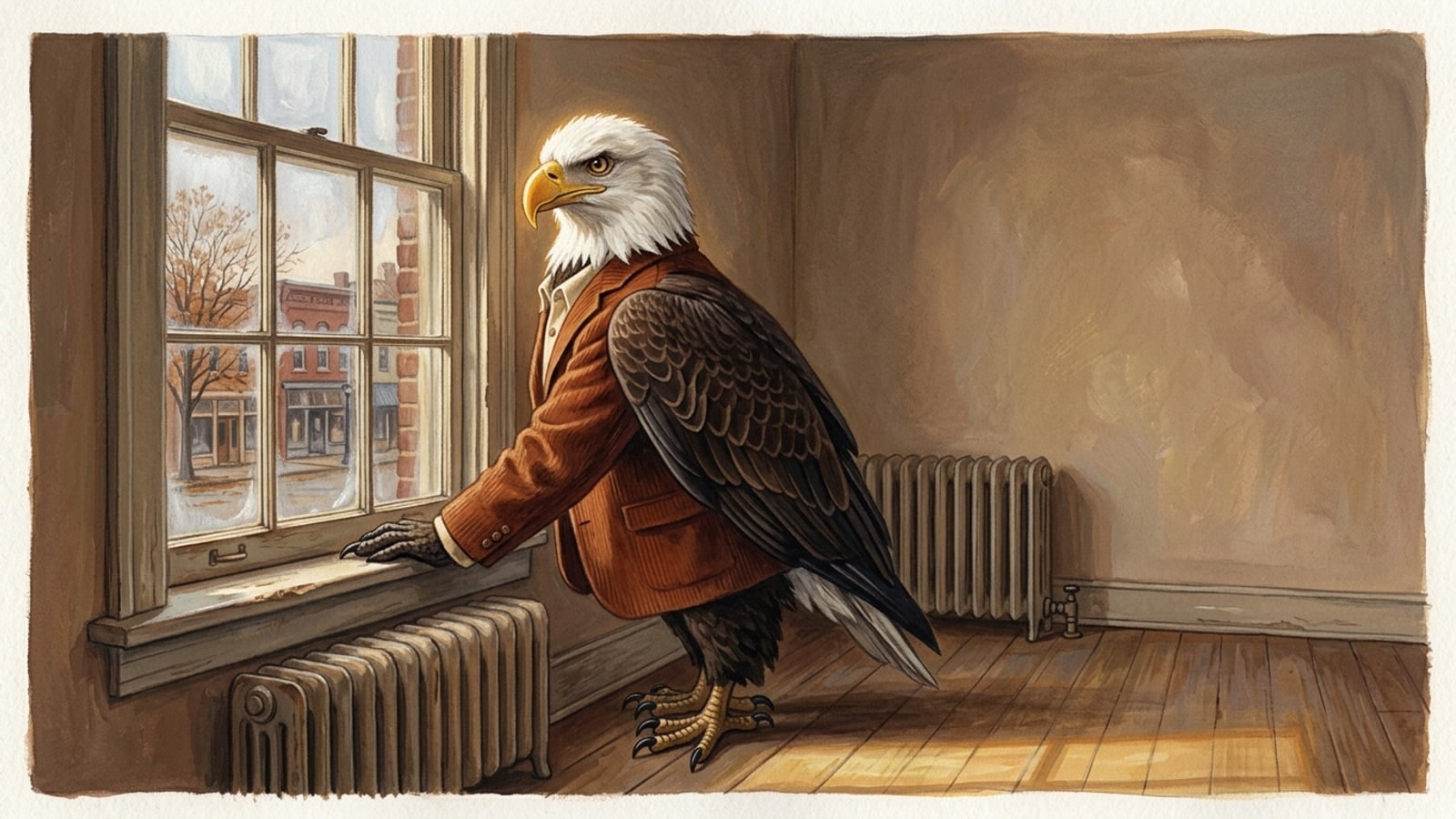 Elizabethtown online homeschool: the head of school at a window overlooking the courthouse square