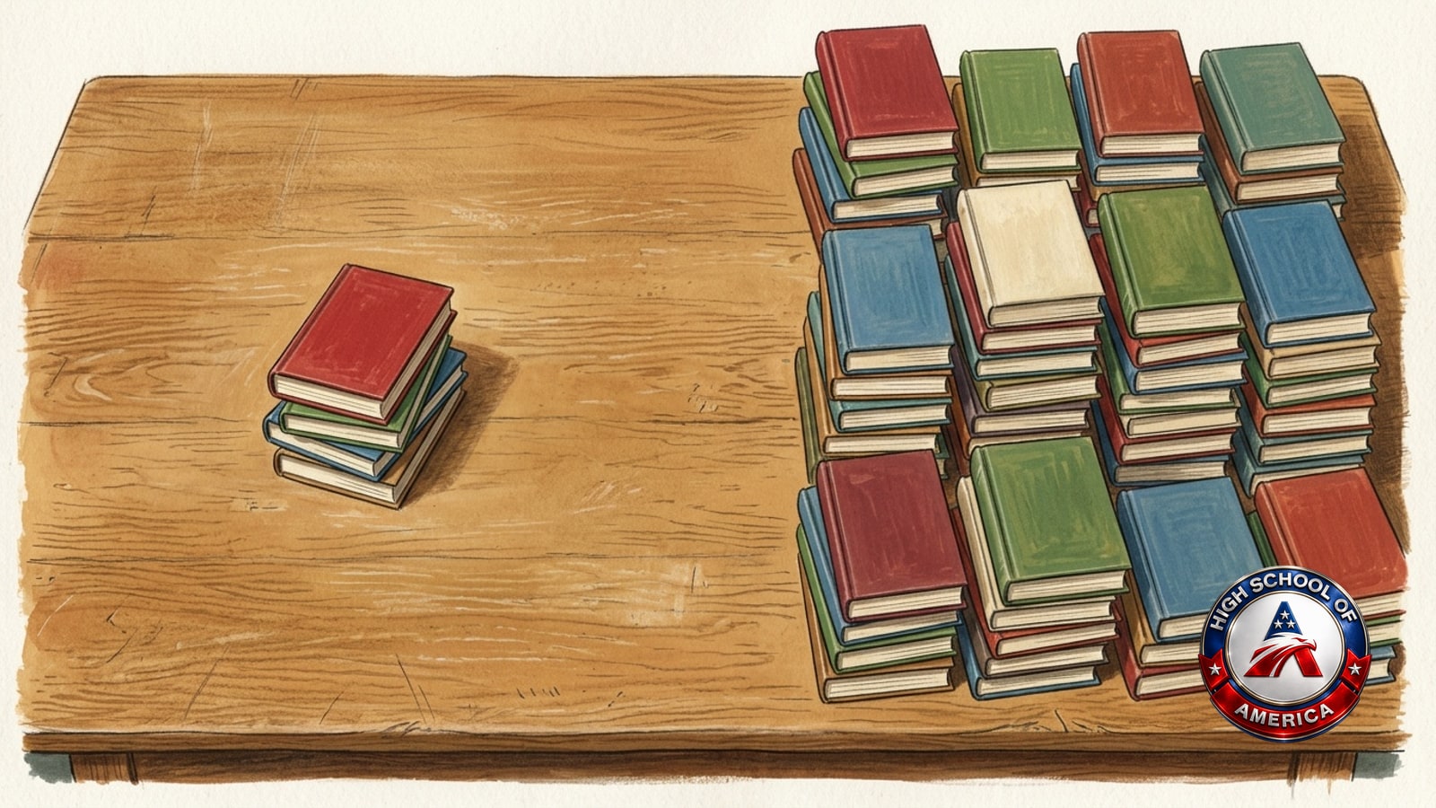 Elizabethtown online homeschool: four books on one half of a table, two dozen on the other