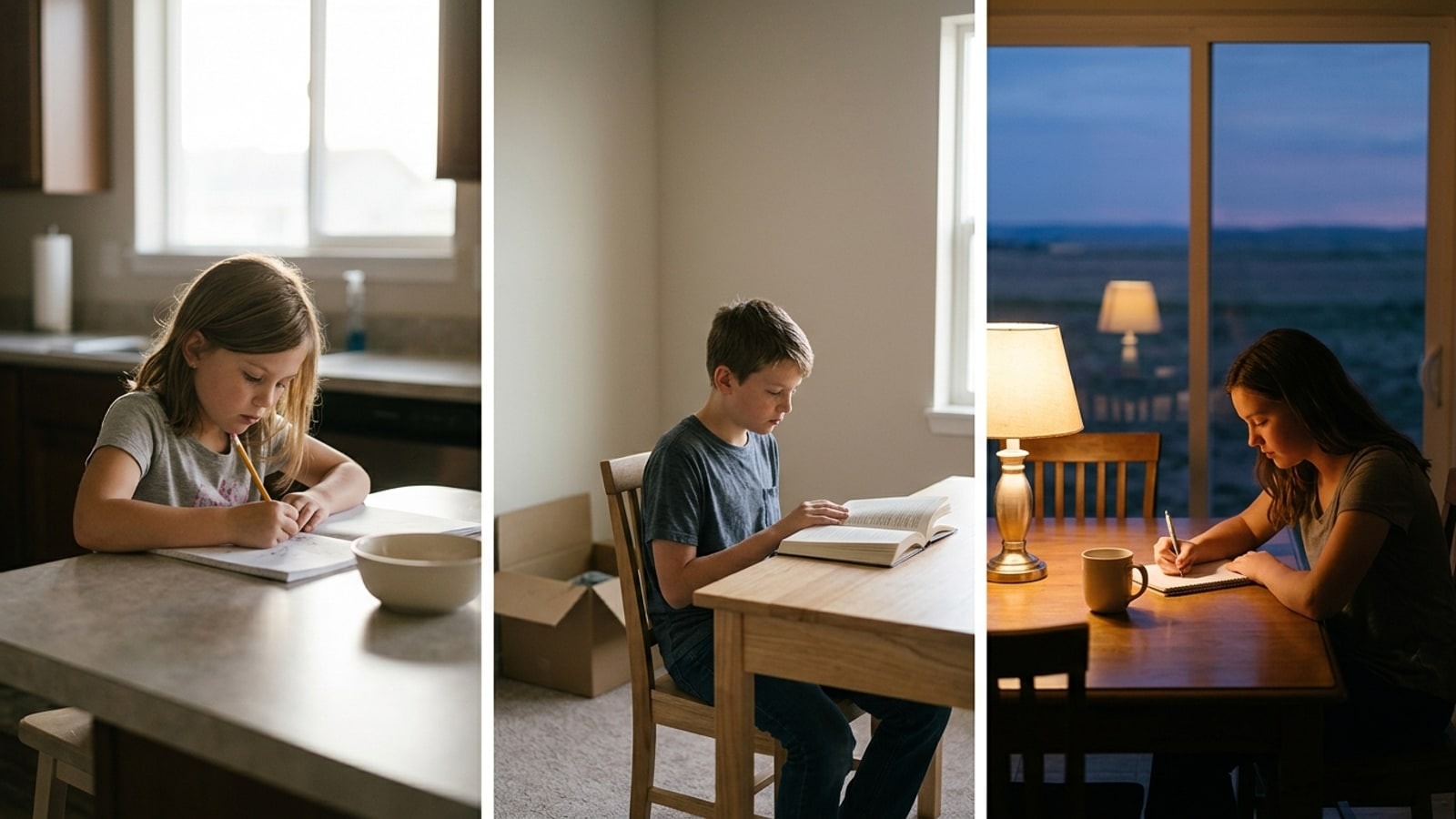 Three Erie CO households doing online homeschool work in morning, afternoon and evening light