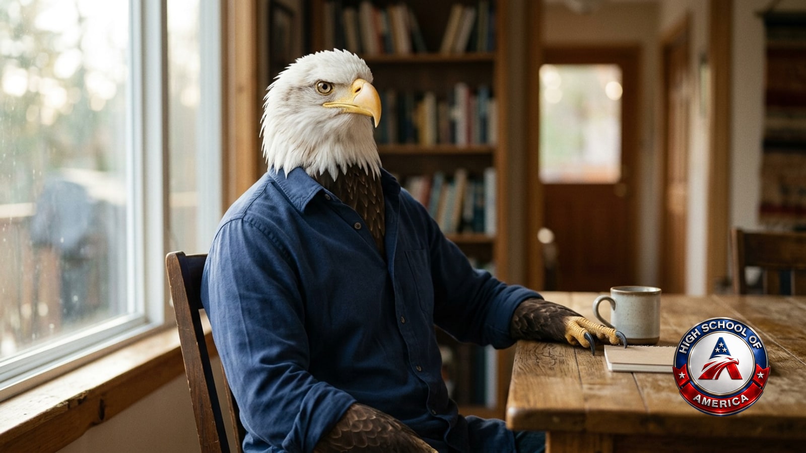 The High School of America eagle at a kitchen table in Erie CO, morning window light, ready for online homeschool questions