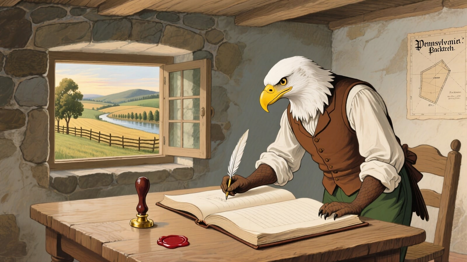 Exeter Township online K-12 school: the Eagle at a ledger in a stone-walled room, fields and the river through the window