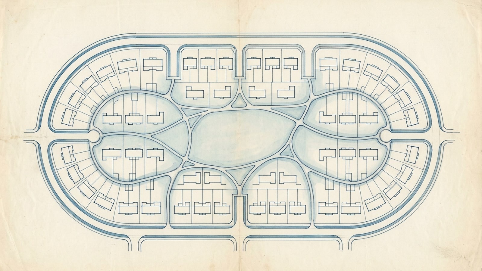 A drawn plan of a Radburn superblock in Fair Lawn: houses facing an interior green, service lanes ending in cul-de-sacs, and a footpath running through the park and under the through road.
